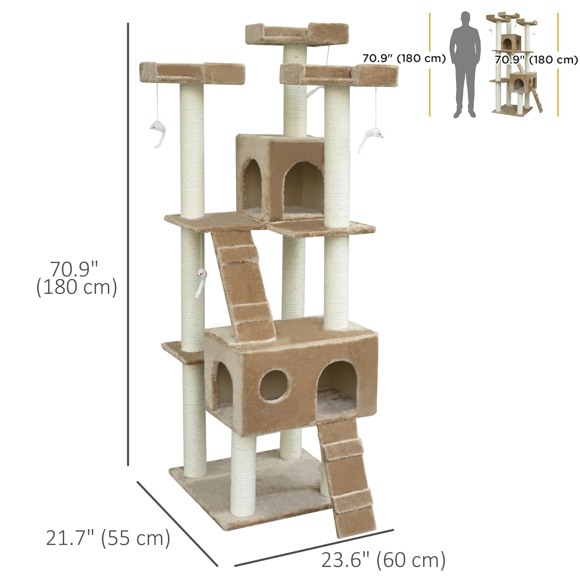 PawHut Cat Tree for Large Cats Adult, 70.5" Cat Tower, Multilevel Cat Furniture Activity Center with Cat Scratching Posts, Cat Condo, Ramps, Dangling Toys, Beige