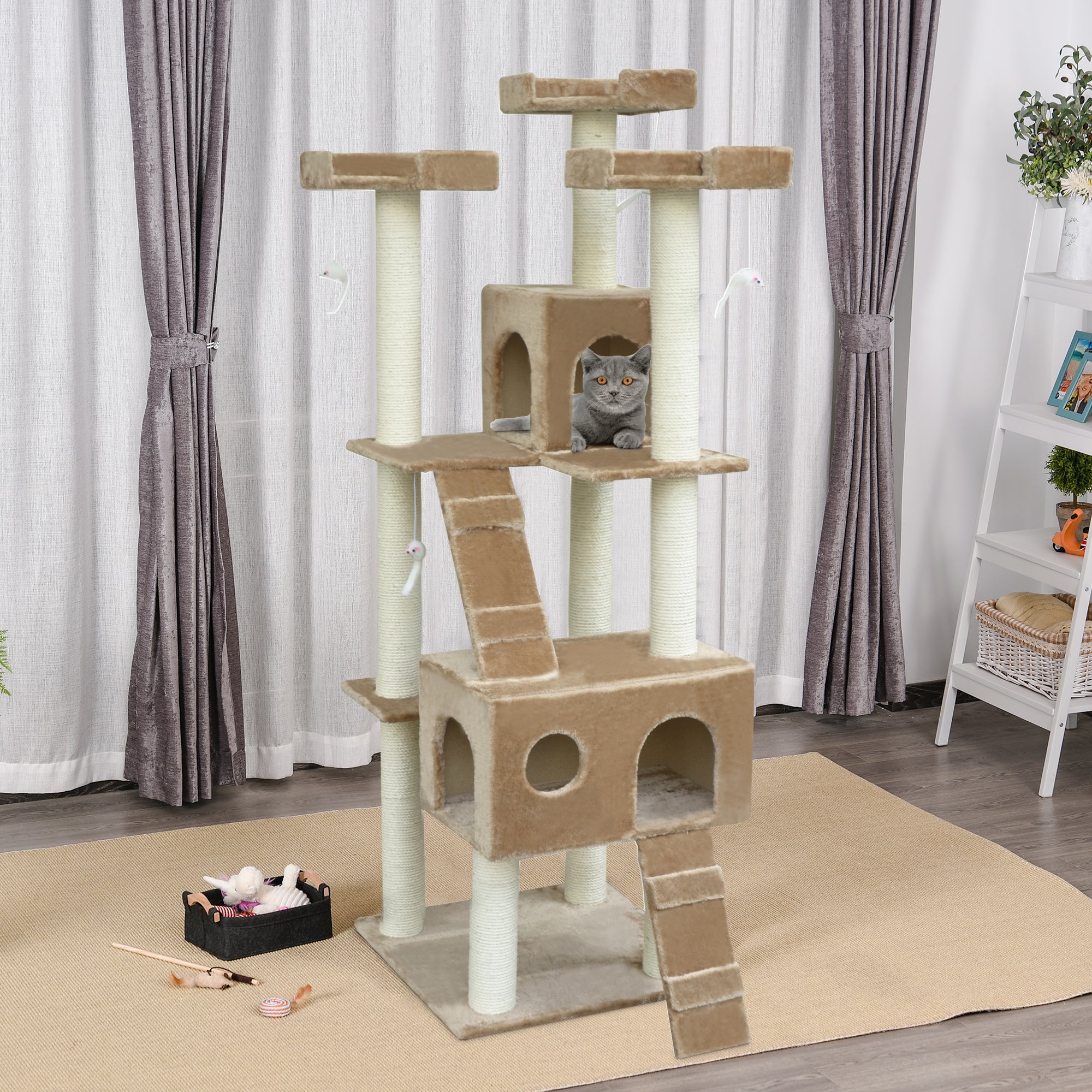 PawHut Cat Tree for Large Cats Adult, 70.5" Cat Tower, Multilevel Cat Furniture Activity Center with Cat Scratching Posts, Cat Condo, Ramps, Dangling Toys, Beige