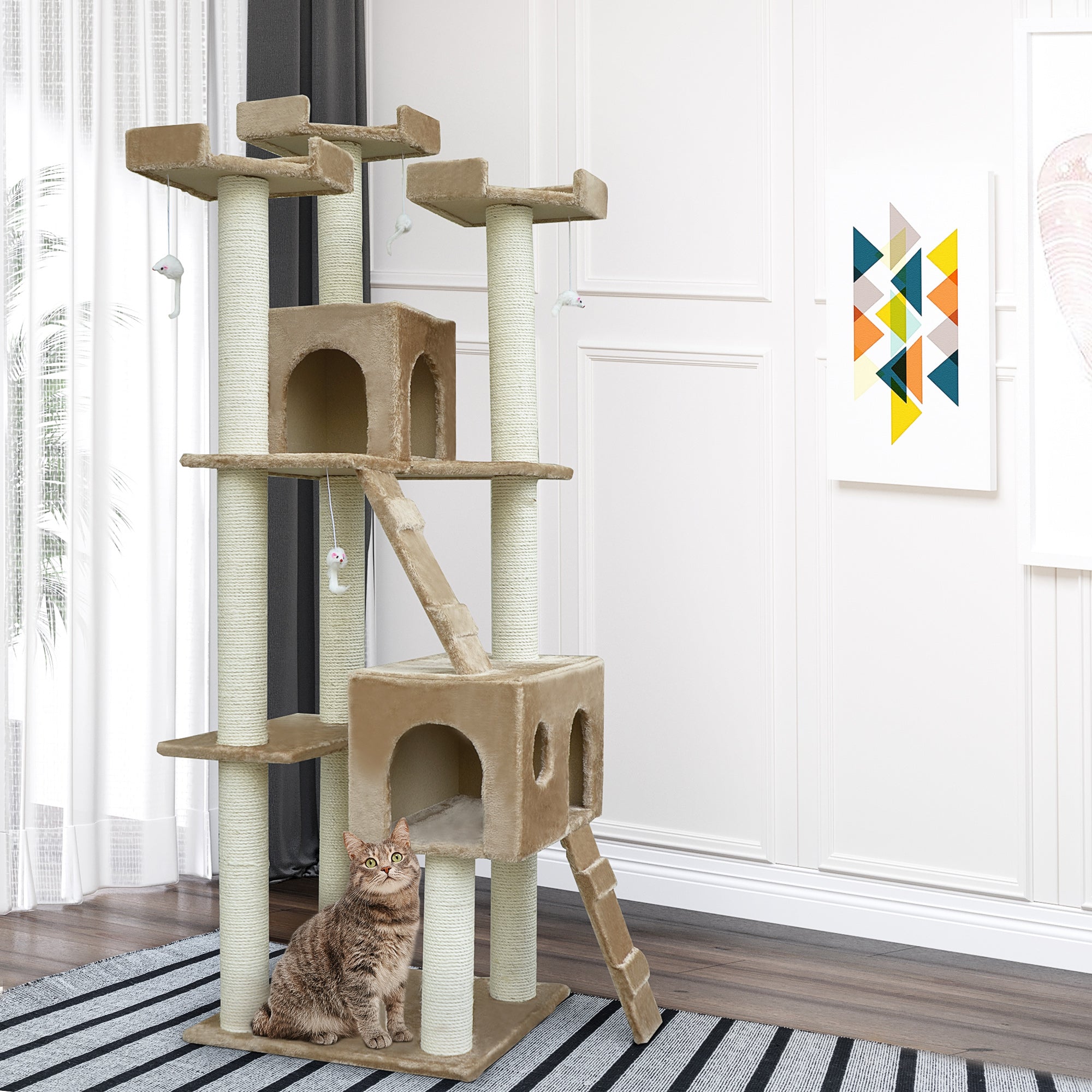 PawHut Cat Tree for Large Cats Adult, 70.5" Cat Tower, Multilevel Cat Furniture Activity Center with Cat Scratching Posts, Cat Condo, Ramps, Dangling Toys, Beige