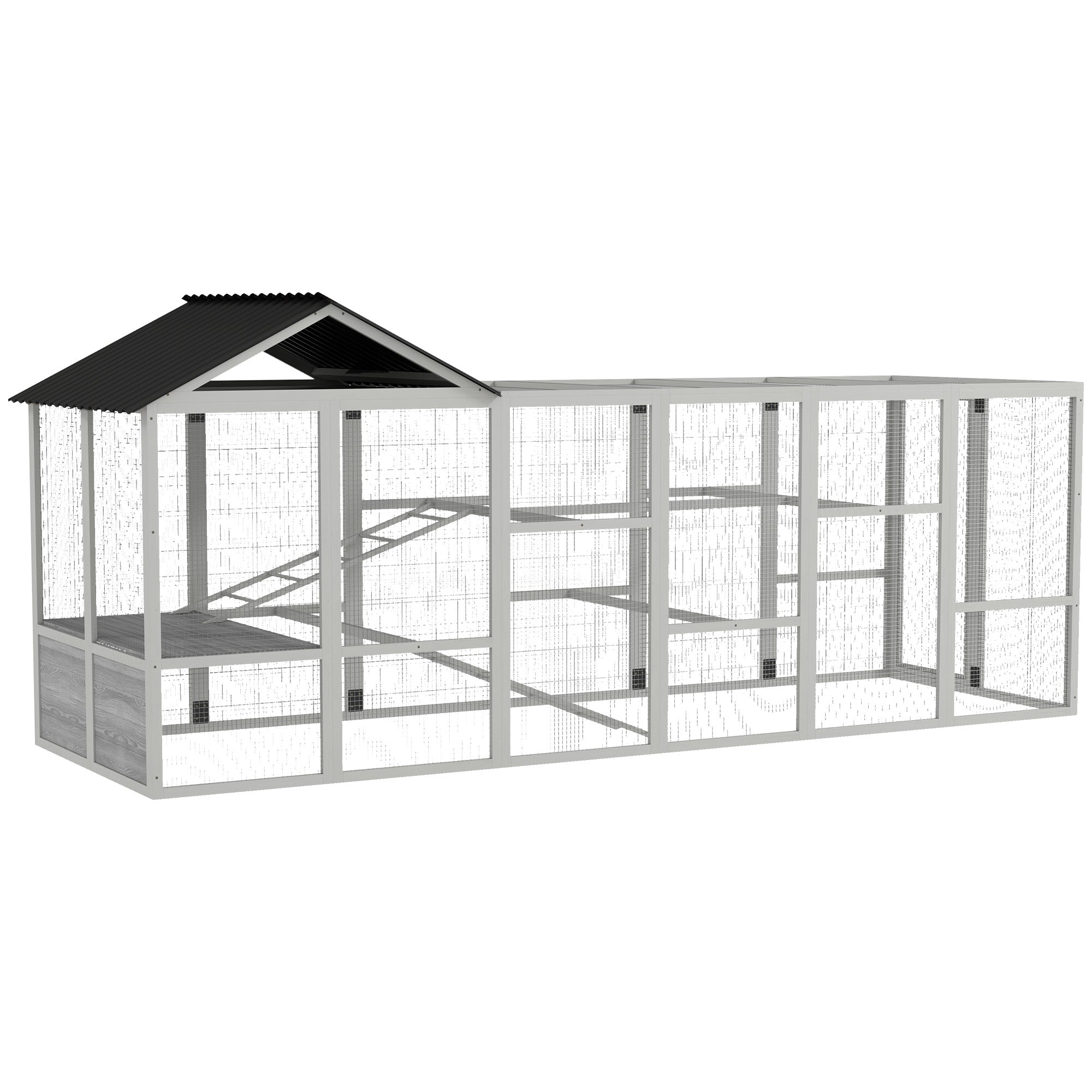 PawHut Wooden Chicken Coop Run for 6-10 Chickens, Hen House, Poultry Cage Add-On with Storage, Perches, 141.75" x 48" x 61", Gray