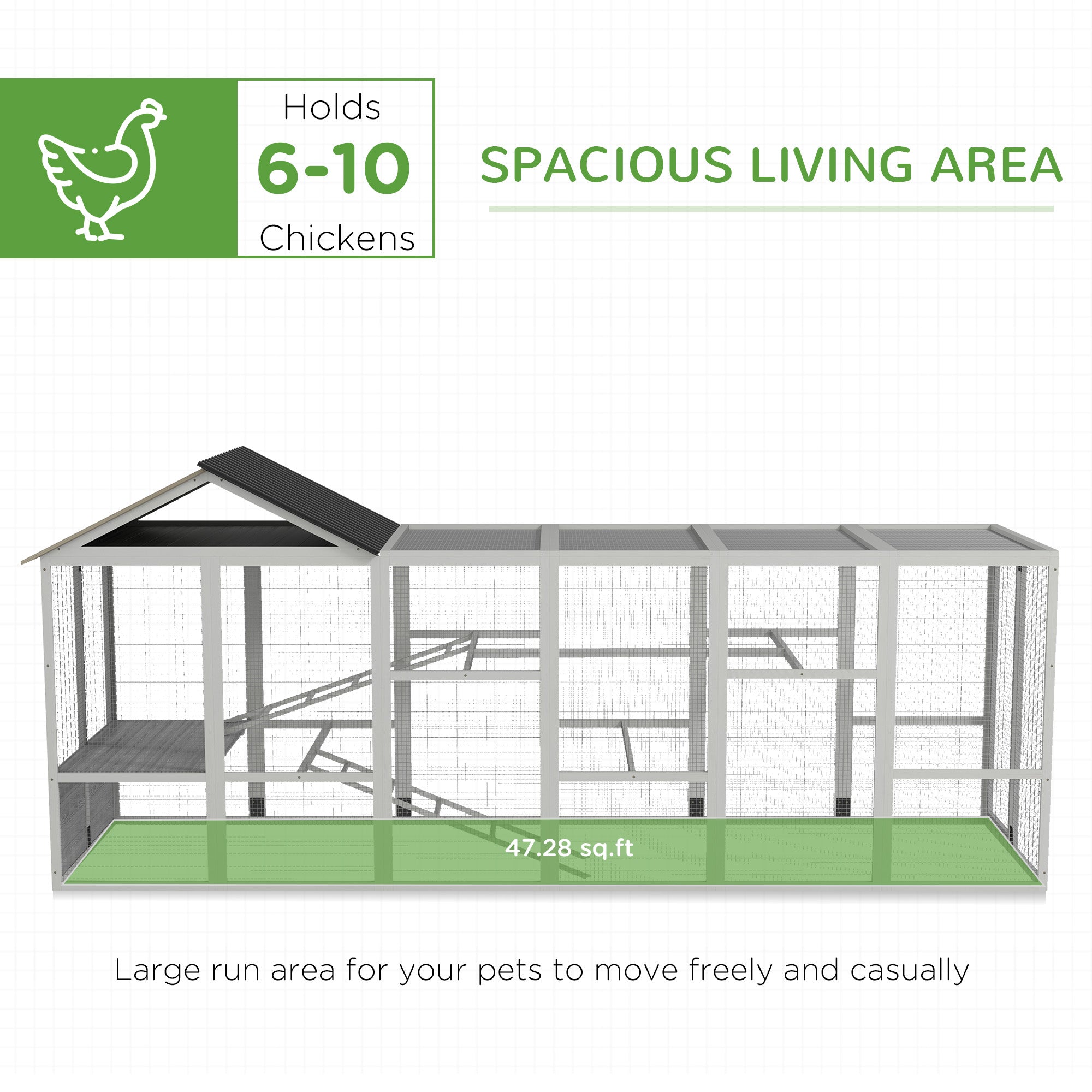 PawHut Wooden Chicken Coop Run for 6-10 Chickens, Hen House, Poultry Cage Add-On with Storage, Perches, 141.75" x 48" x 61", Gray