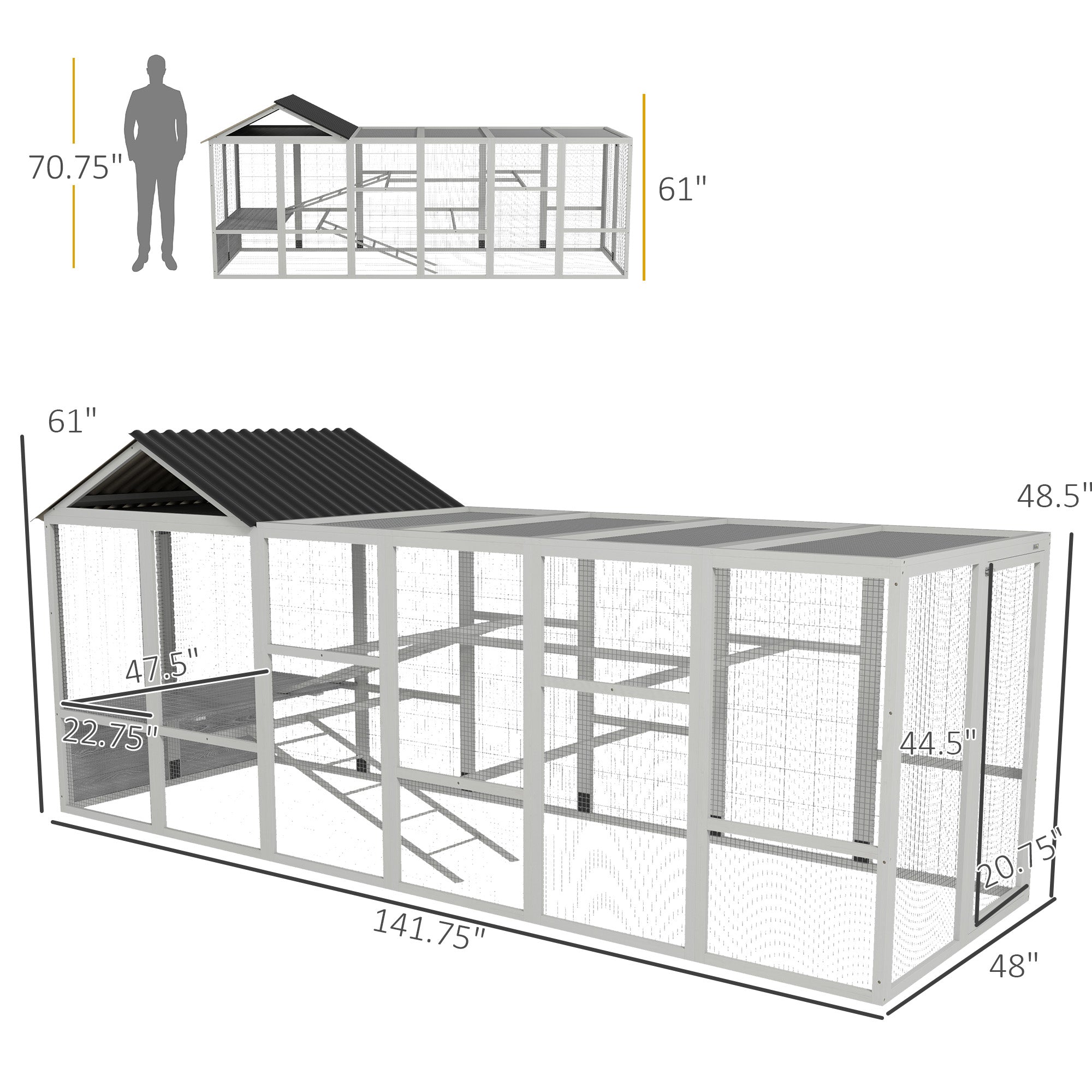 PawHut Wooden Chicken Coop Run for 6-10 Chickens, Hen House, Poultry Cage Add-On with Storage, Perches, 141.75" x 48" x 61", Gray
