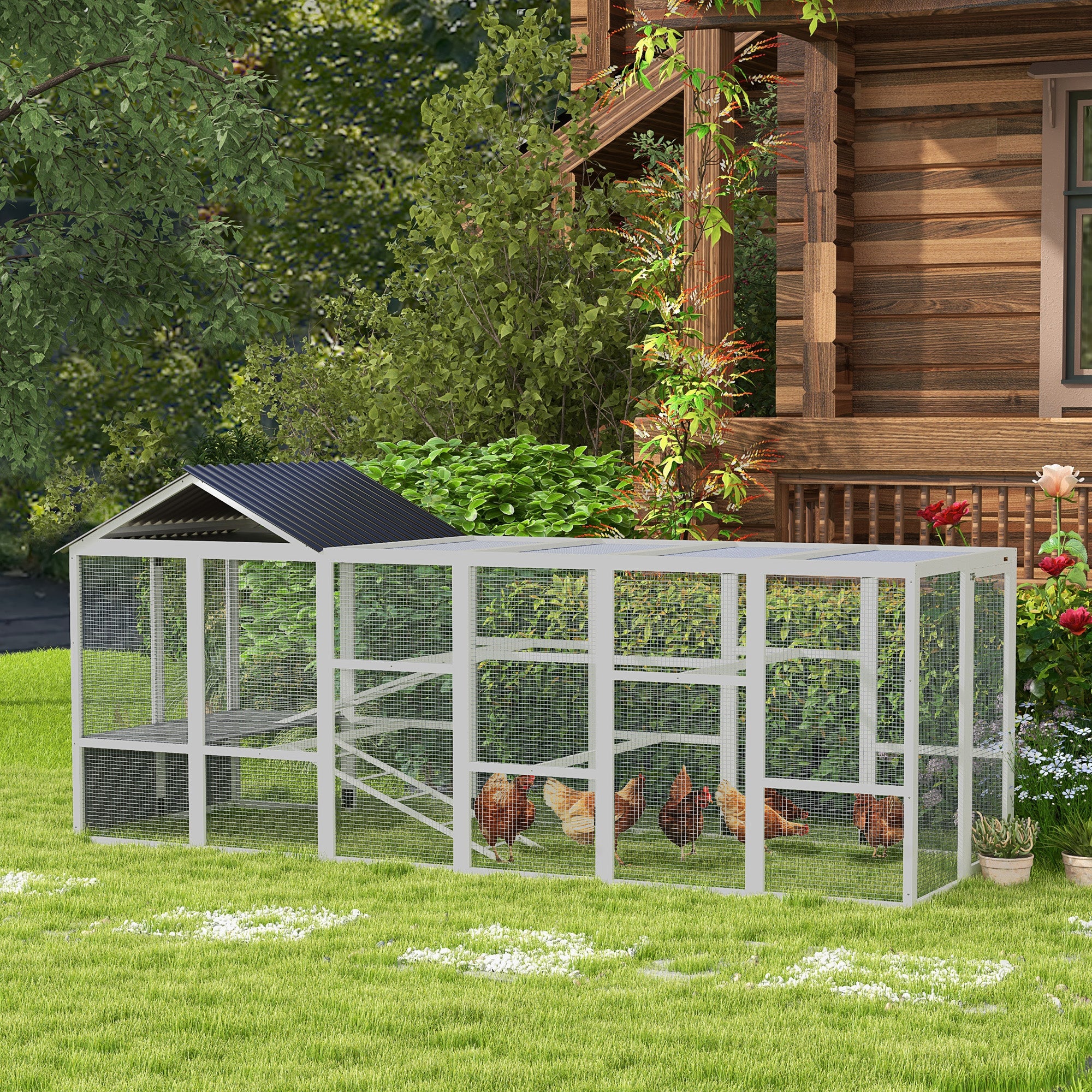 PawHut Wooden Chicken Coop Run for 6-10 Chickens, Hen House, Poultry Cage Add-On with Storage, Perches, 141.75" x 48" x 61", Gray