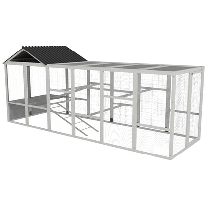 PawHut Outdoor Wooden Chicken Coop with Run, Ramps, Perches, Storage, Backyard Hen House with Combinable Design for 6 - 10 Chickens, 142" x 48" x 61", Grey