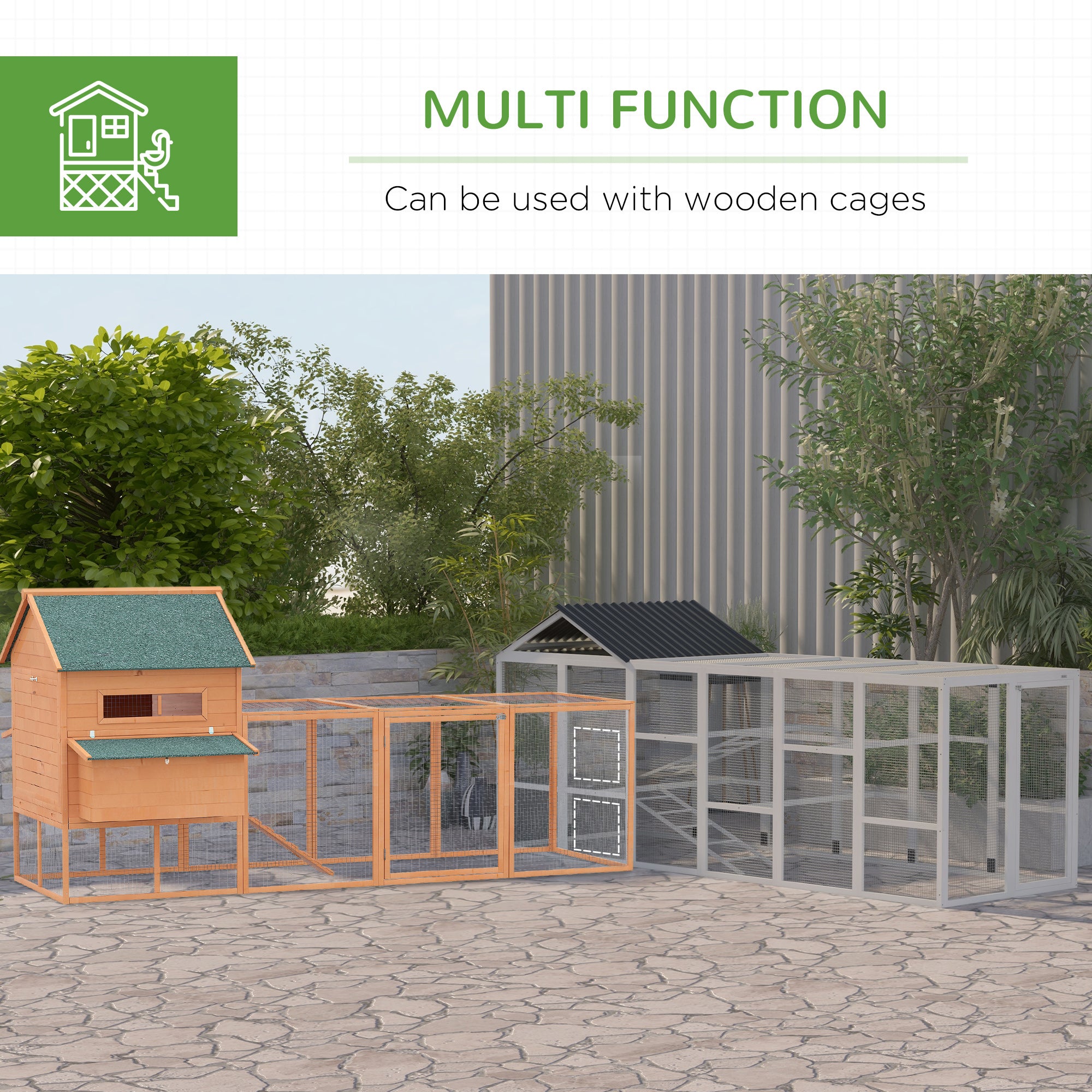 PawHut Outdoor Wooden Chicken Coop with Run, Ramps, Perches, Storage, Backyard Hen House with Combinable Design for 6 - 10 Chickens, 142" x 48" x 61", Grey