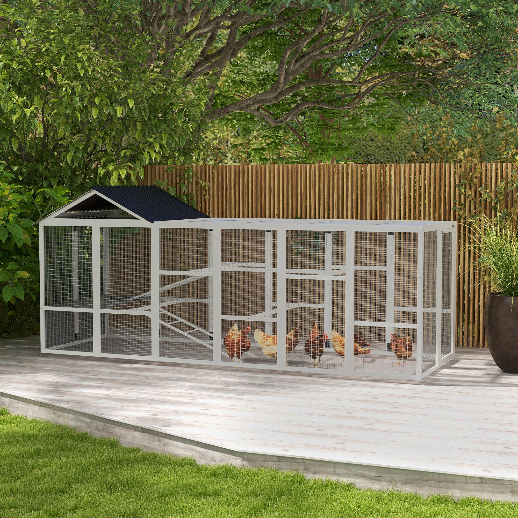PawHut Wooden Chicken Coop Run for 6-10 Chickens, Hen House, Poultry Cage Add-On with Storage, Perches, 141.75" x 48" x 61", Gray