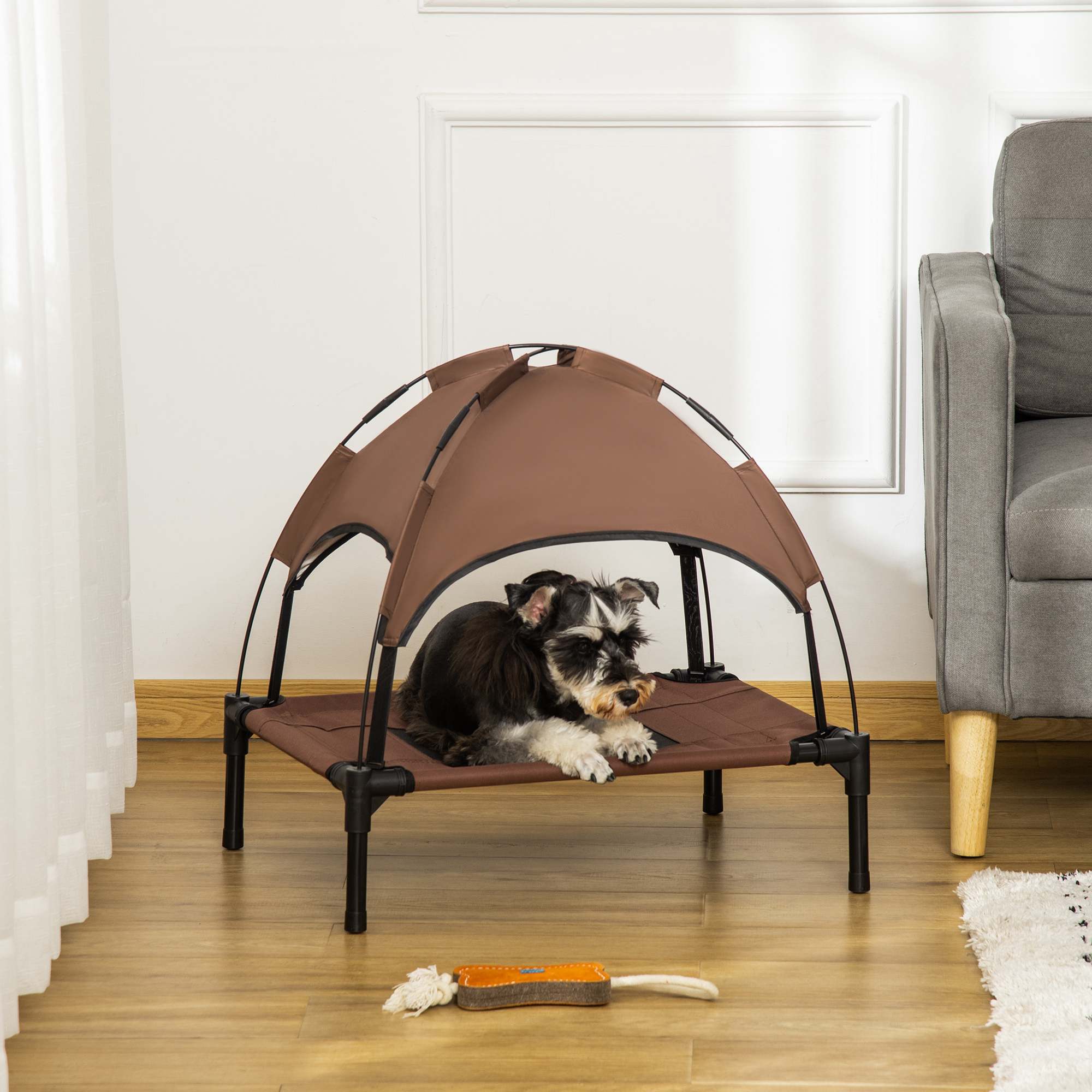 PawHut Elevated Dog Bed with Canopy, Portable Raised Dog Cot for S Sized Dogs, Indoor & Outdoor, 25" x 18" x 24", Coffee