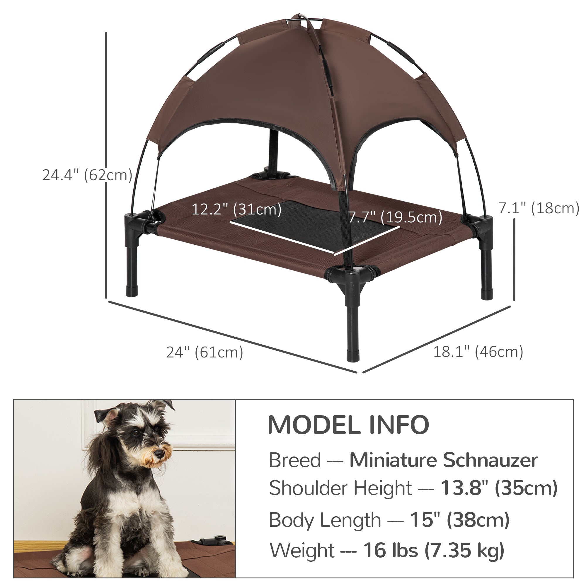 PawHut Elevated Dog Bed with Canopy, Portable Raised Dog Cot for S Sized Dogs, Indoor & Outdoor, 25" x 18" x 24", Coffee