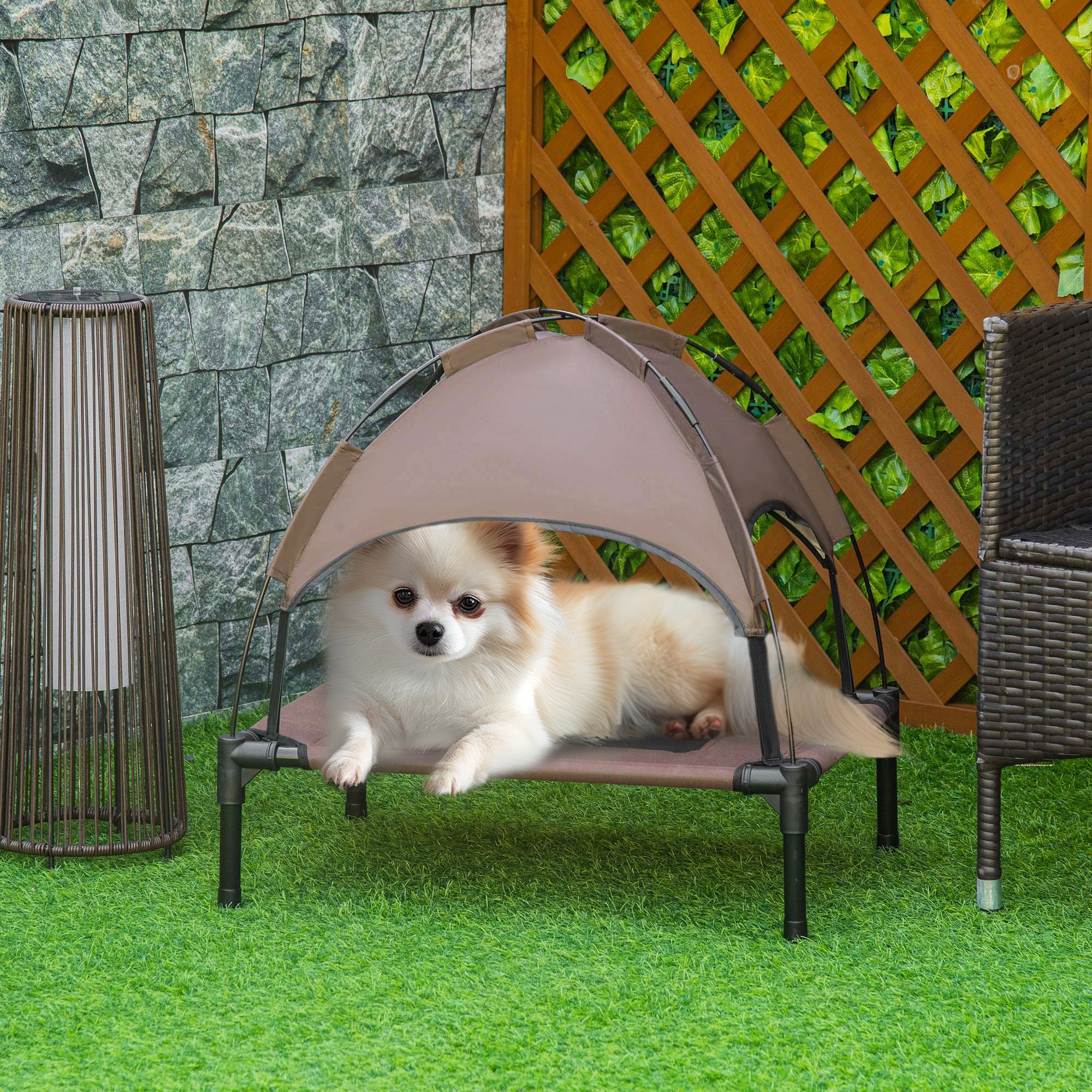 PawHut Elevated Dog Bed with Canopy, Portable Raised Dog Cot for S Sized Dogs, Indoor & Outdoor, 25" x 18" x 24", Coffee