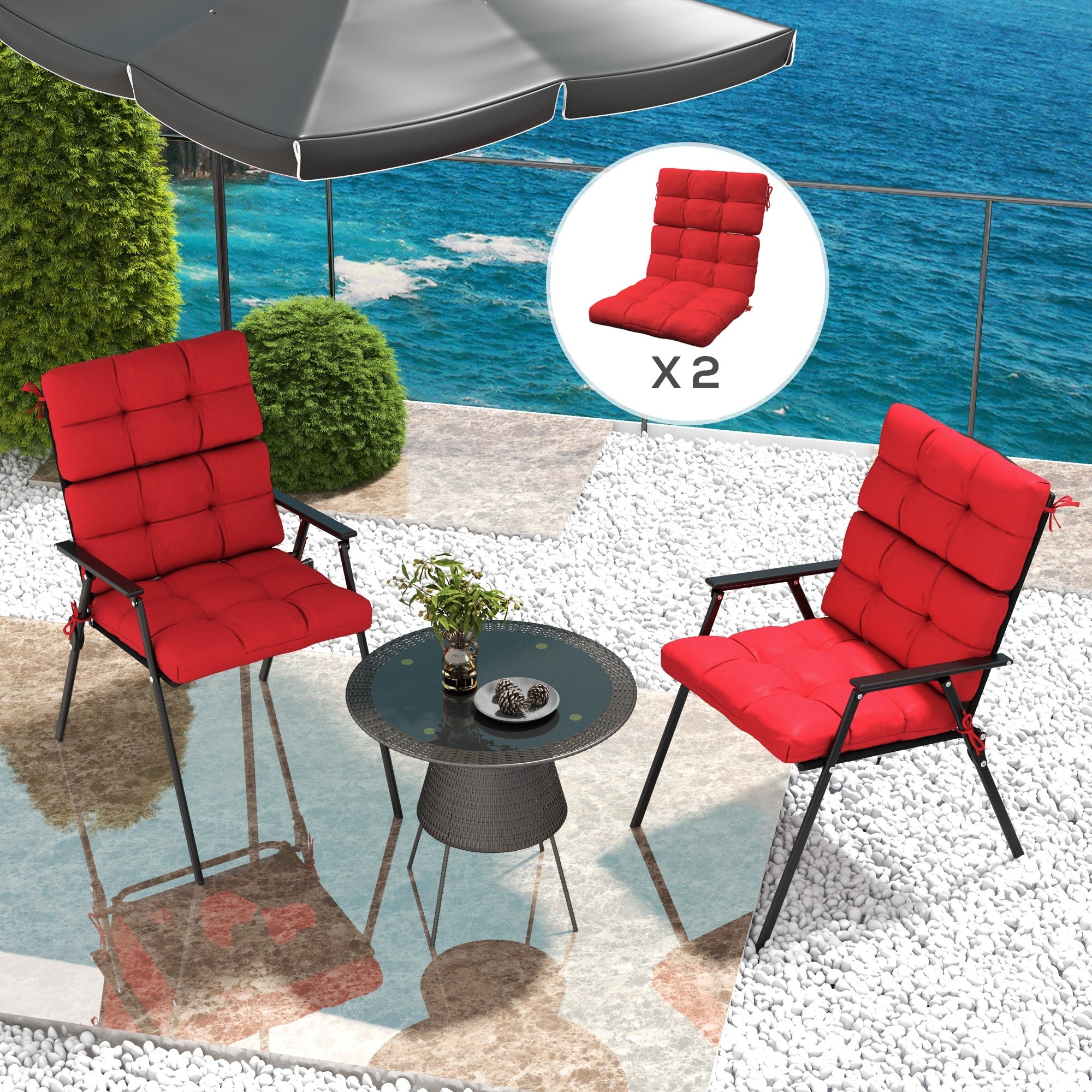 Outsunny 2-Piece Patio Chair Cushions Pillows, Seat Replacement Patio Cushions Set with Ties, Backrest Button Tufted for Indoor Outdoor Garden Furniture, Red