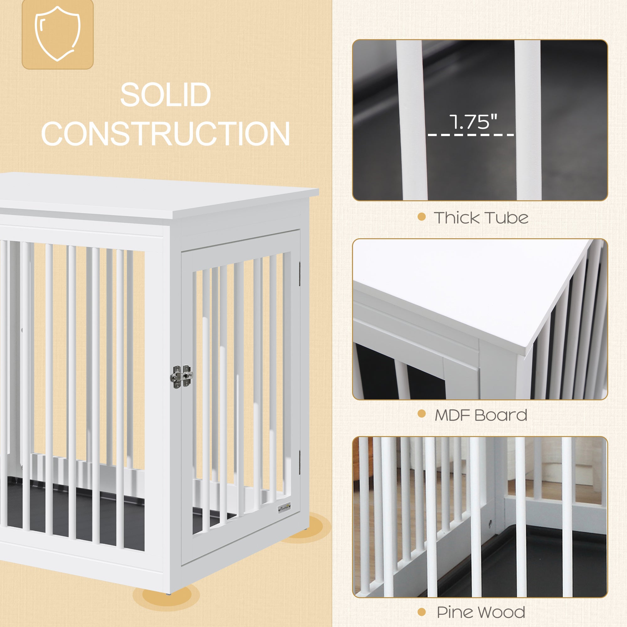 PawHut Wooden Dog Crate Furniture, Puppy Kennel End Table, Decorative Pet House with Front Door, Safety Lock, for Small & Medium Sized Dog, White