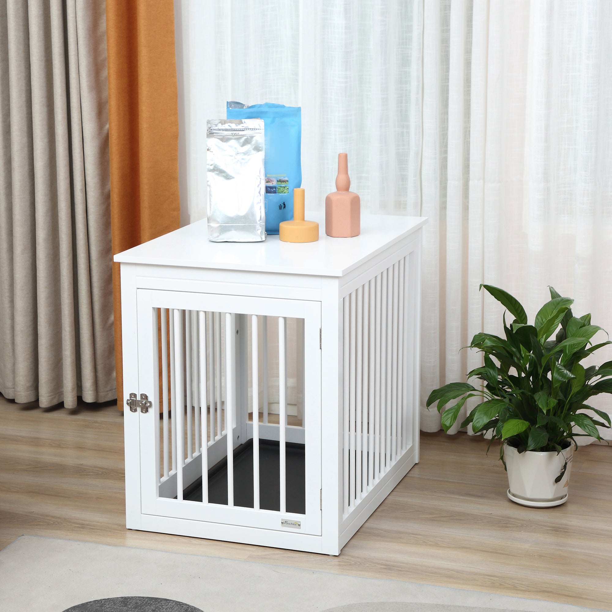 PawHut Wooden Dog Crate Furniture, Puppy Kennel End Table, Decorative Pet House with Front Door, Safety Lock, for Small & Medium Sized Dog, White