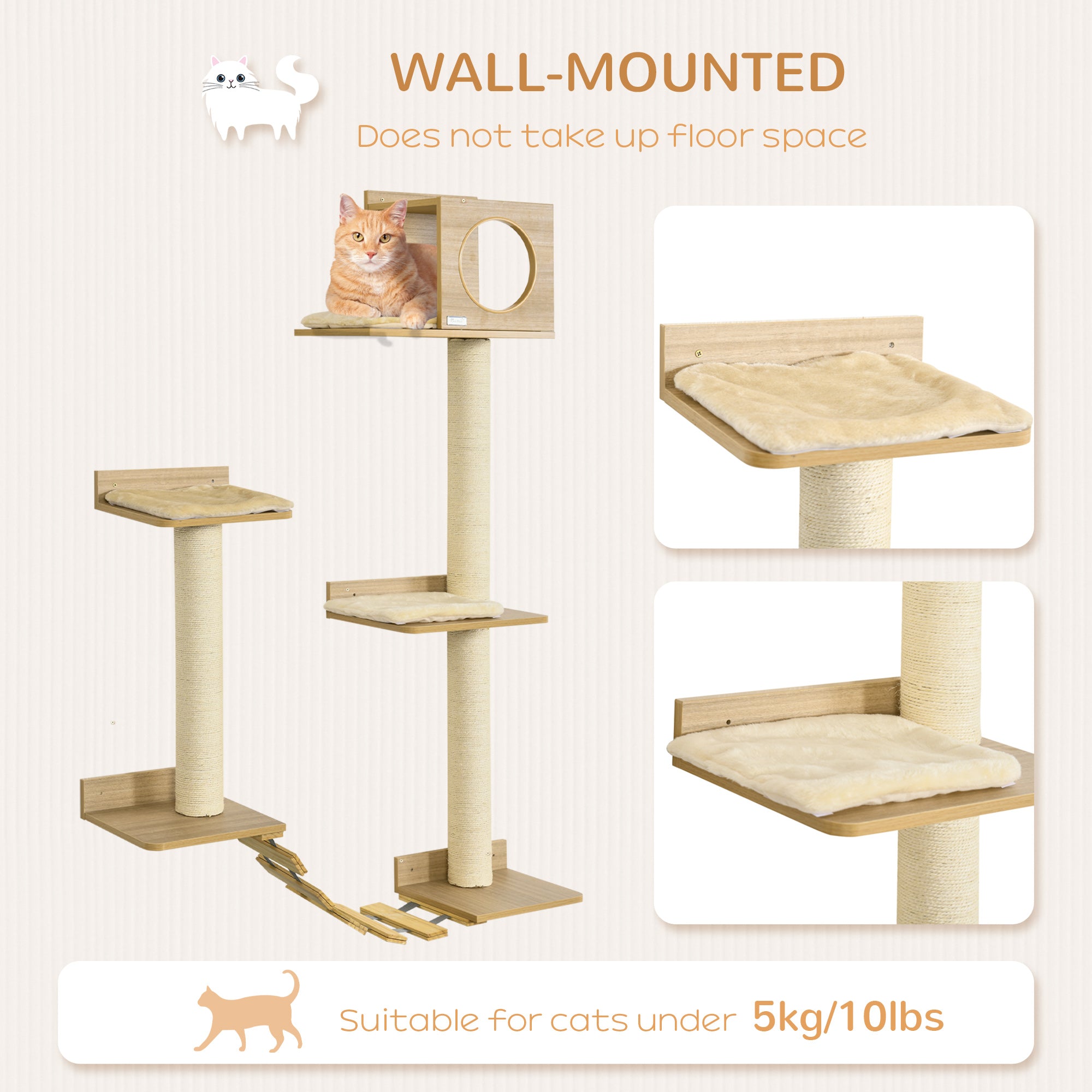 PawHut Wall Mounted Cat Tree with Scratching Post Condo Bridge Cushion Cat Climbing Shelves Furniture, Yellow