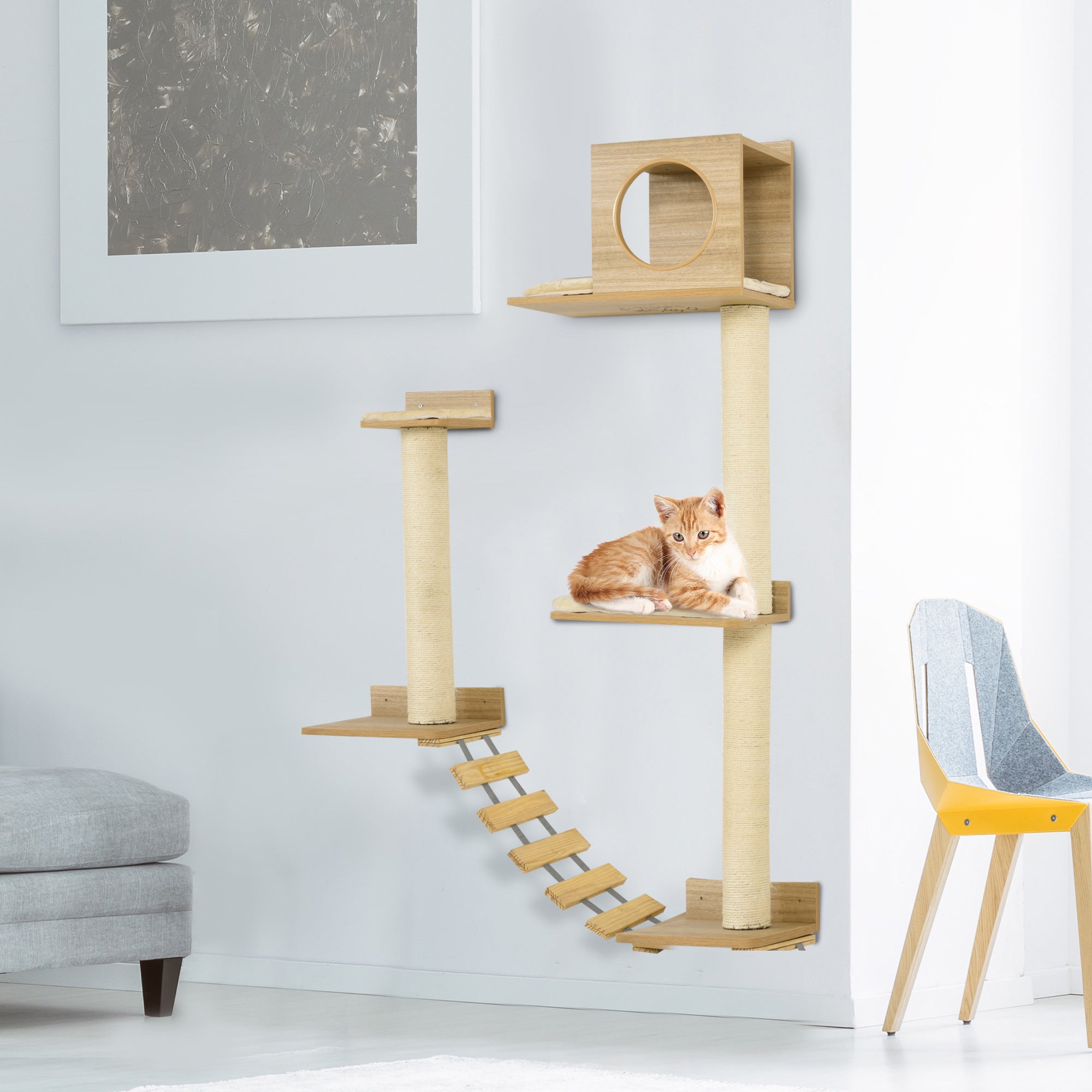 PawHut Wall Mounted Cat Tree with Scratching Post Condo Bridge Cushion Cat Climbing Shelves Furniture, Yellow