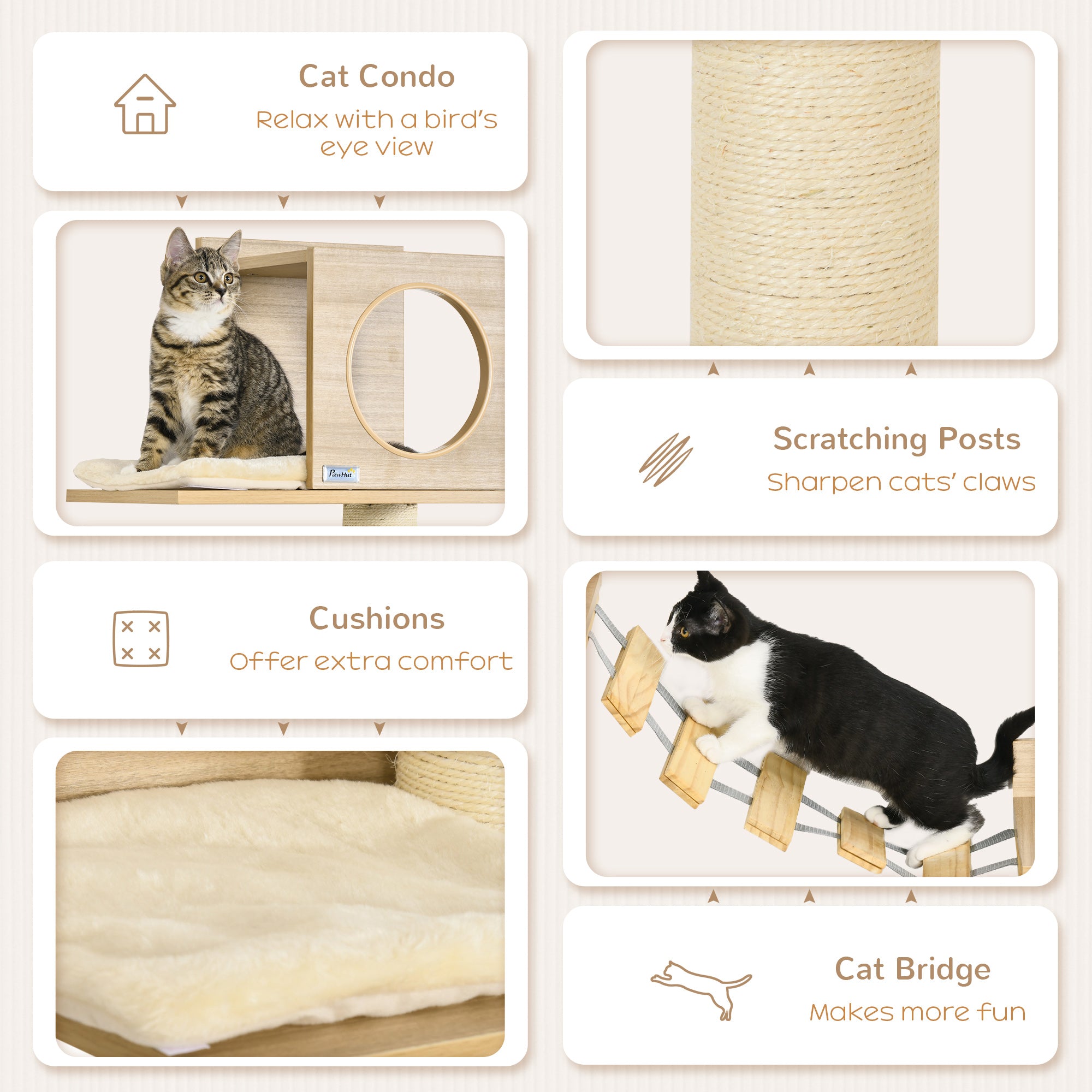 PawHut Wall Mounted Cat Tree with Scratching Post Condo Bridge Cushion Cat Climbing Shelves Furniture, Yellow