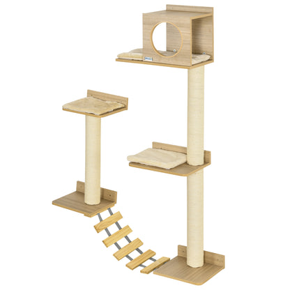 PawHut Wall Mounted Cat Tree with Scratching Post Condo Bridge Cushion Cat Climbing Shelves Furniture, Yellow