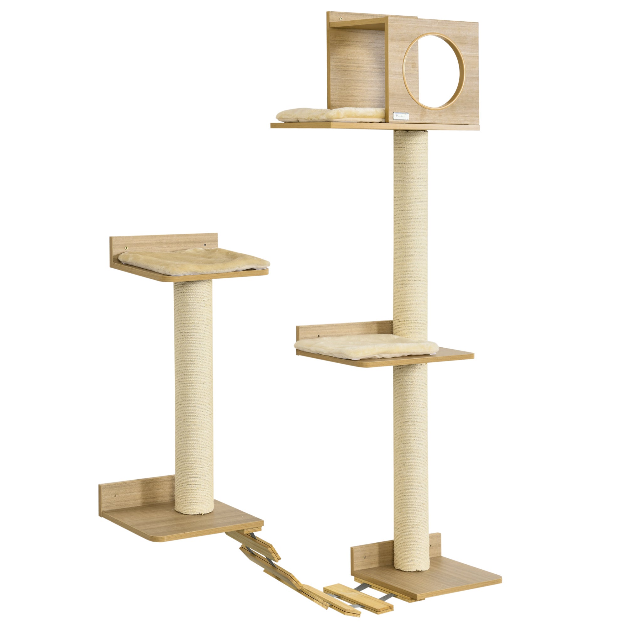 PawHut Wall Mounted Cat Tree with Scratching Post Condo Bridge Cushion Cat Climbing Shelves Furniture, Yellow