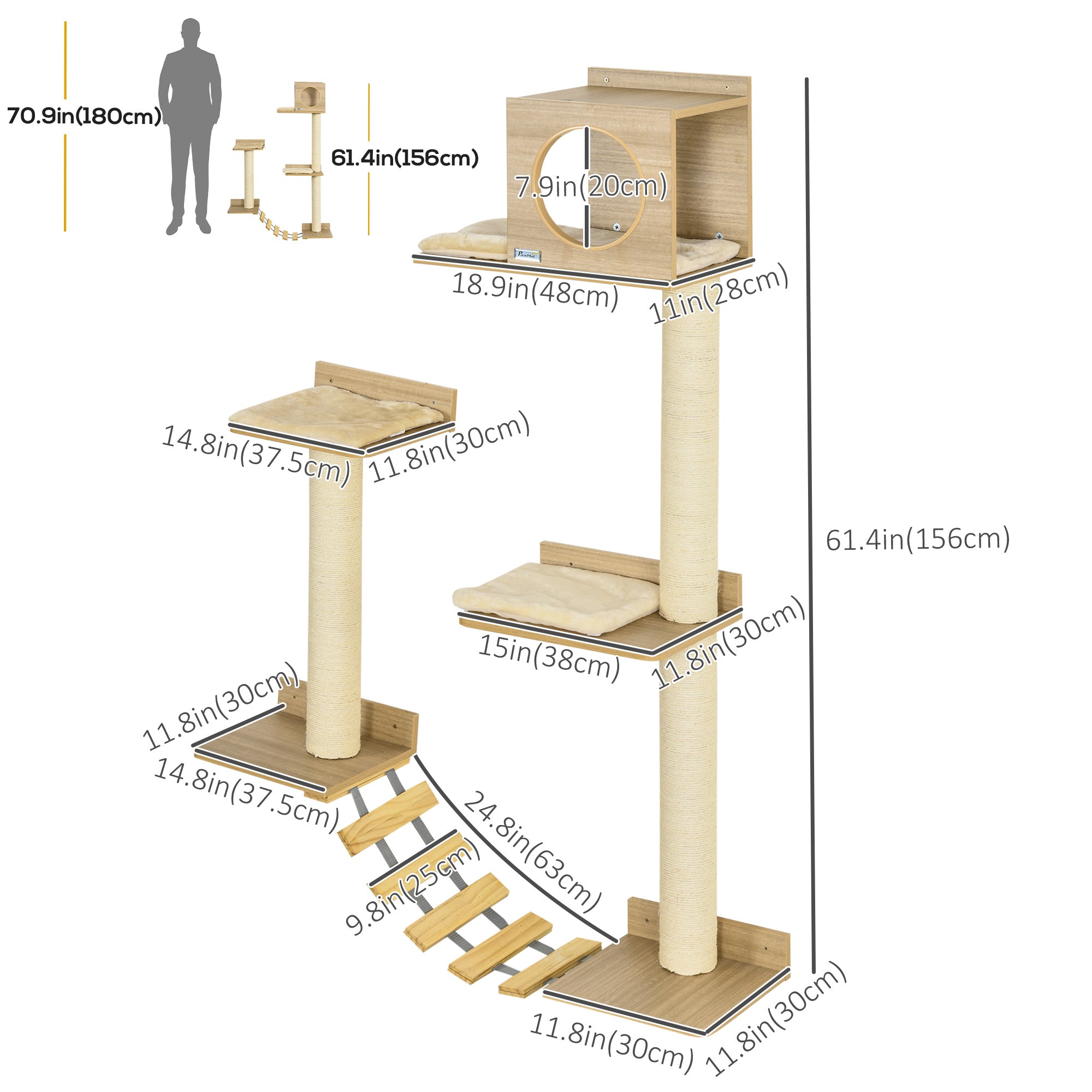 PawHut Wall Mounted Cat Tree with Scratching Post Condo Bridge Cushion Cat Climbing Shelves Furniture, Yellow