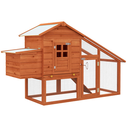 PawHut Chicken Coop with Run Outdoor, Wooden Hen House, Poultry Coop with Nesting Box, Slide-out Tray, Ramp, Perches, Asphalt Roof, 179 x 67 x 115cm