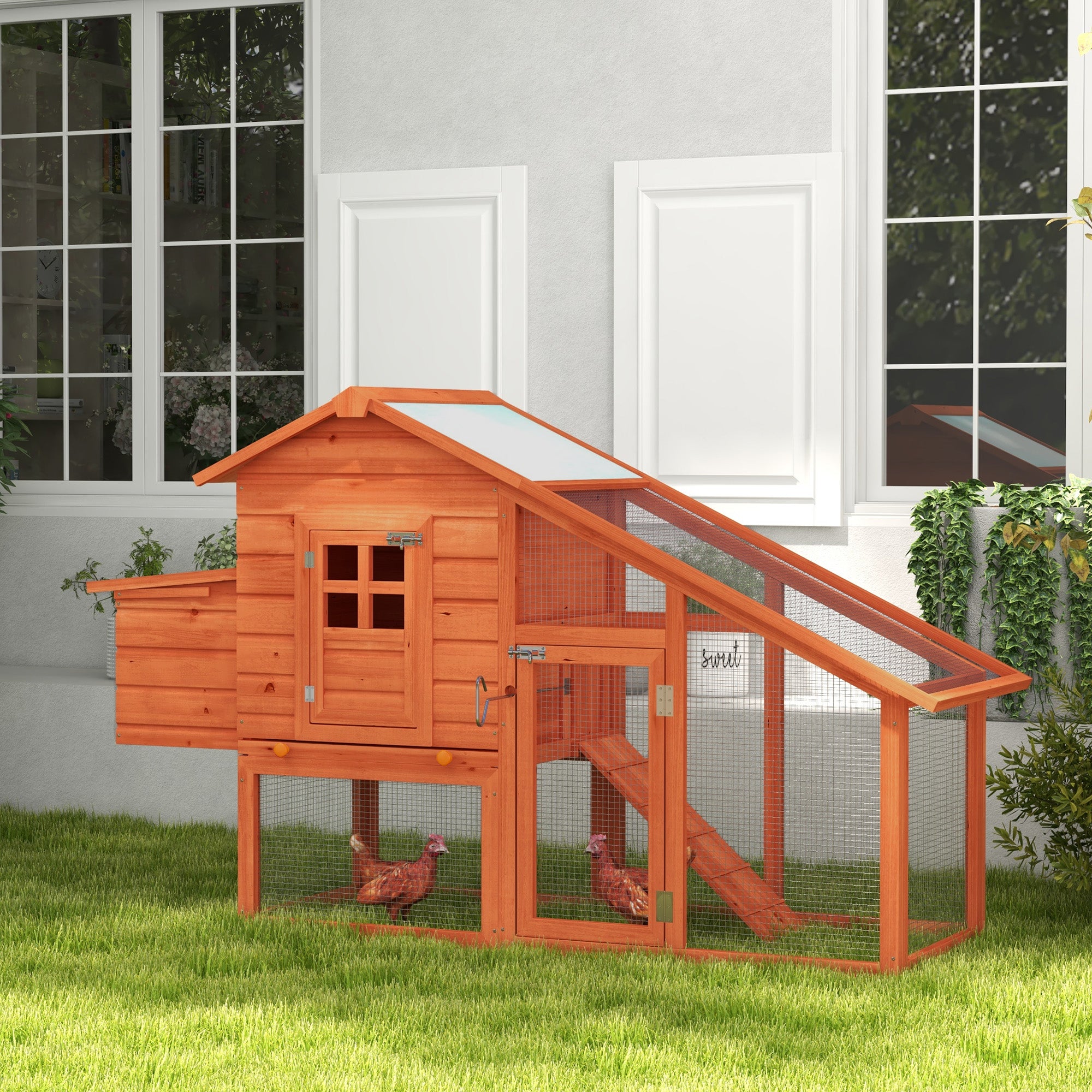 PawHut Chicken Coop with Run Outdoor, Wooden Hen House, Poultry Coop with Nesting Box, Slide-out Tray, Ramp, Perches, Asphalt Roof, 179 x 67 x 115cm