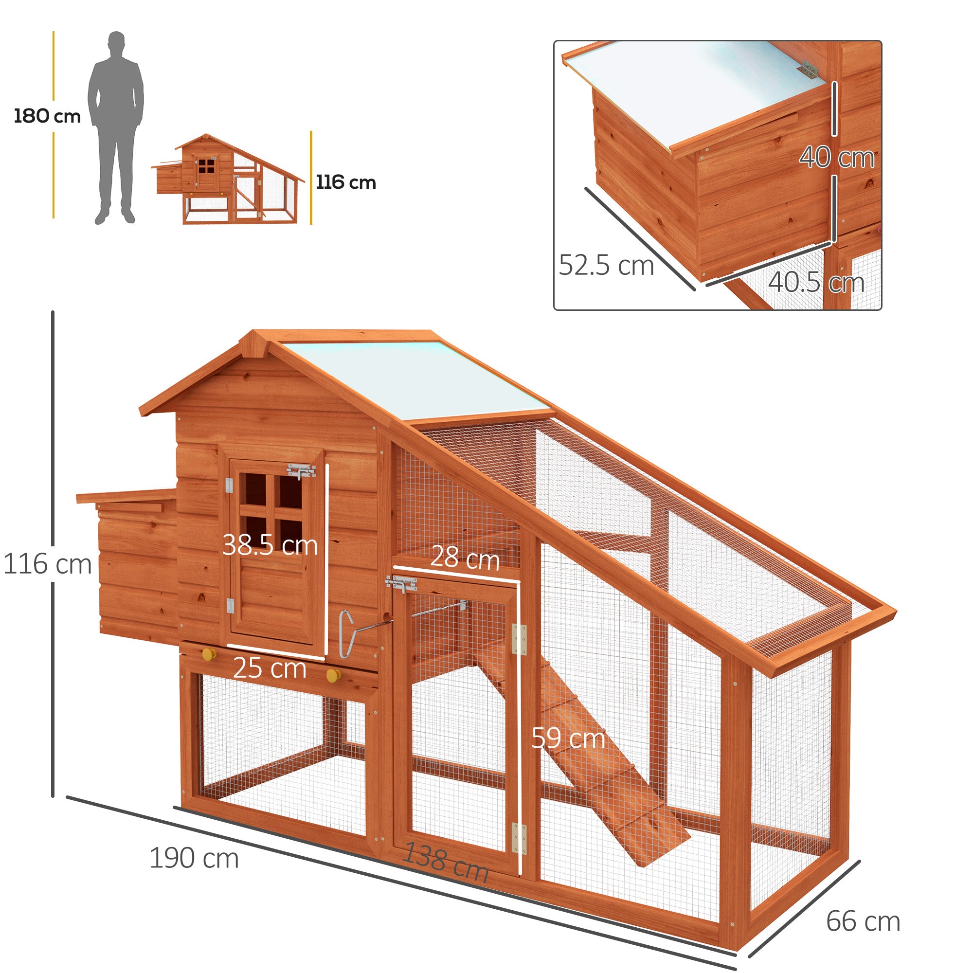 PawHut Chicken Coop with Run Outdoor, Wooden Hen House, Poultry Coop with Nesting Box, Slide-out Tray, Ramp, Perches, Asphalt Roof, 179 x 67 x 115cm