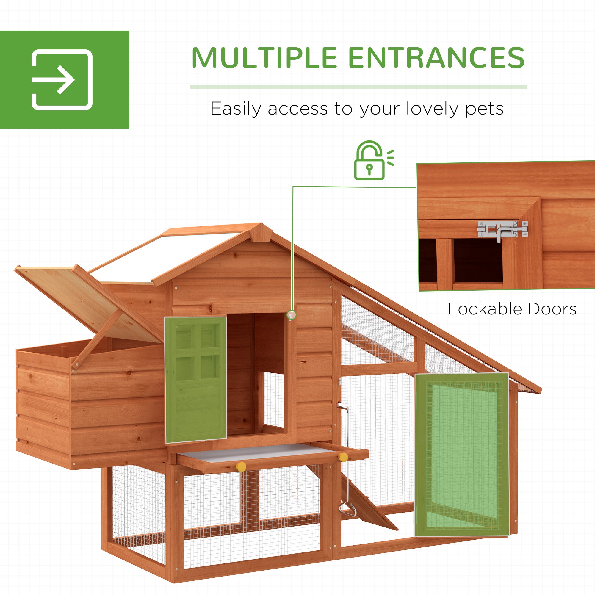 PawHut Chicken Coop with Run Outdoor, Wooden Hen House, Poultry Coop with Nesting Box, Slide-out Tray, Ramp, Perches, Asphalt Roof, 179 x 67 x 115cm