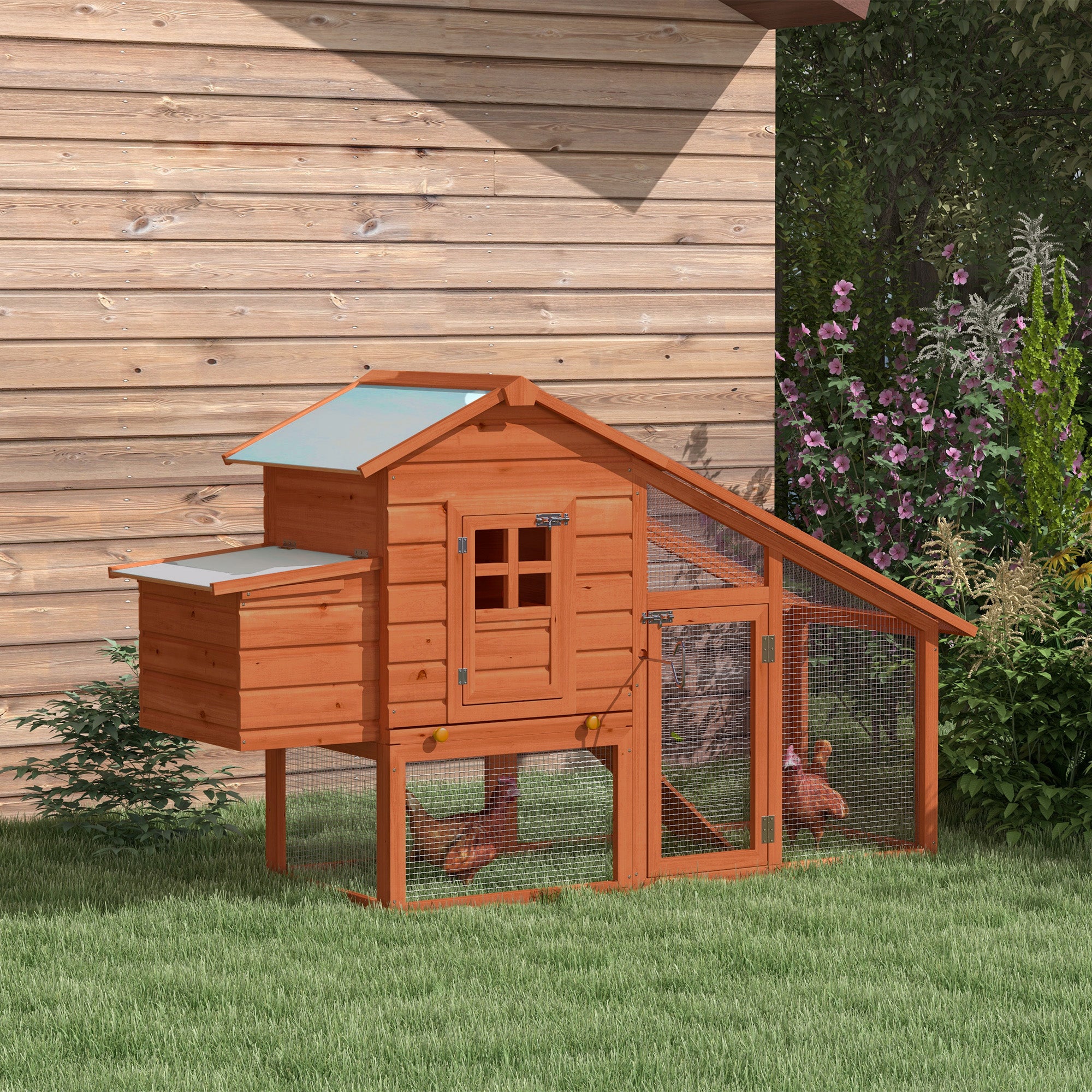 PawHut Chicken Coop with Run Outdoor, Wooden Hen House, Poultry Coop with Nesting Box, Slide-out Tray, Ramp, Perches, Asphalt Roof, 179 x 67 x 115cm