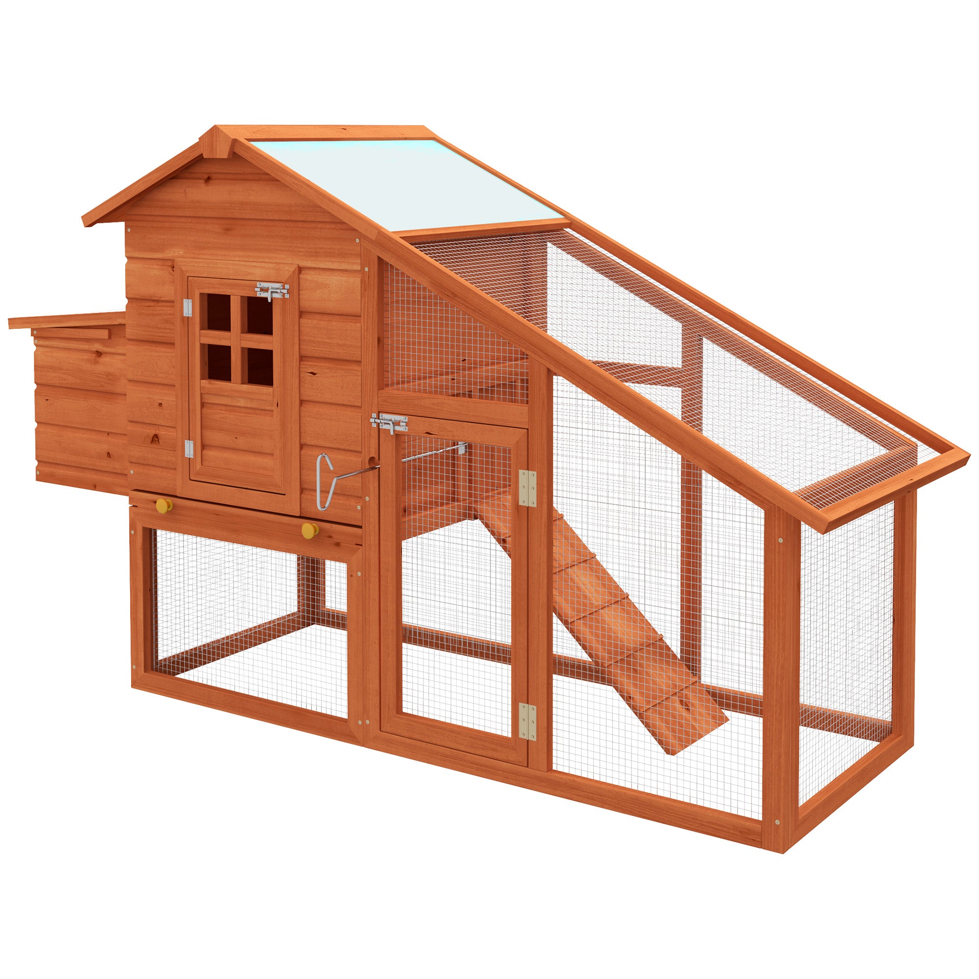 PawHut Chicken Coop with Run Outdoor, Wooden Hen House, Poultry Coop with Nesting Box, Slide-out Tray, Ramp, Perches, Asphalt Roof, 179 x 67 x 115cm