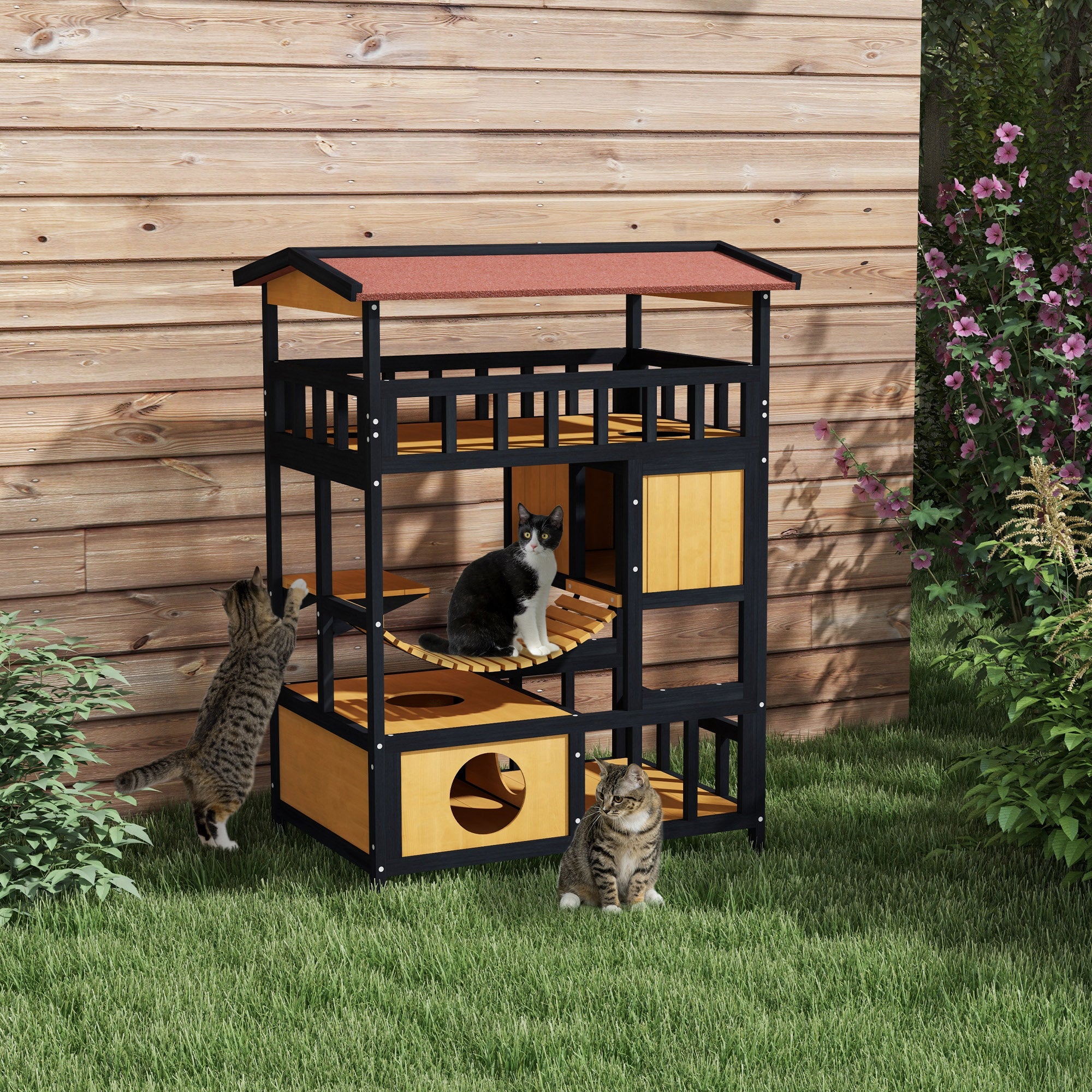 PawHut Outdoor Cat House Wooden Cat Shelter, 4 Tier with Suspension Bridge, Balcony, Escape Doors Water-Resistant Roof, for 1-2 Cats