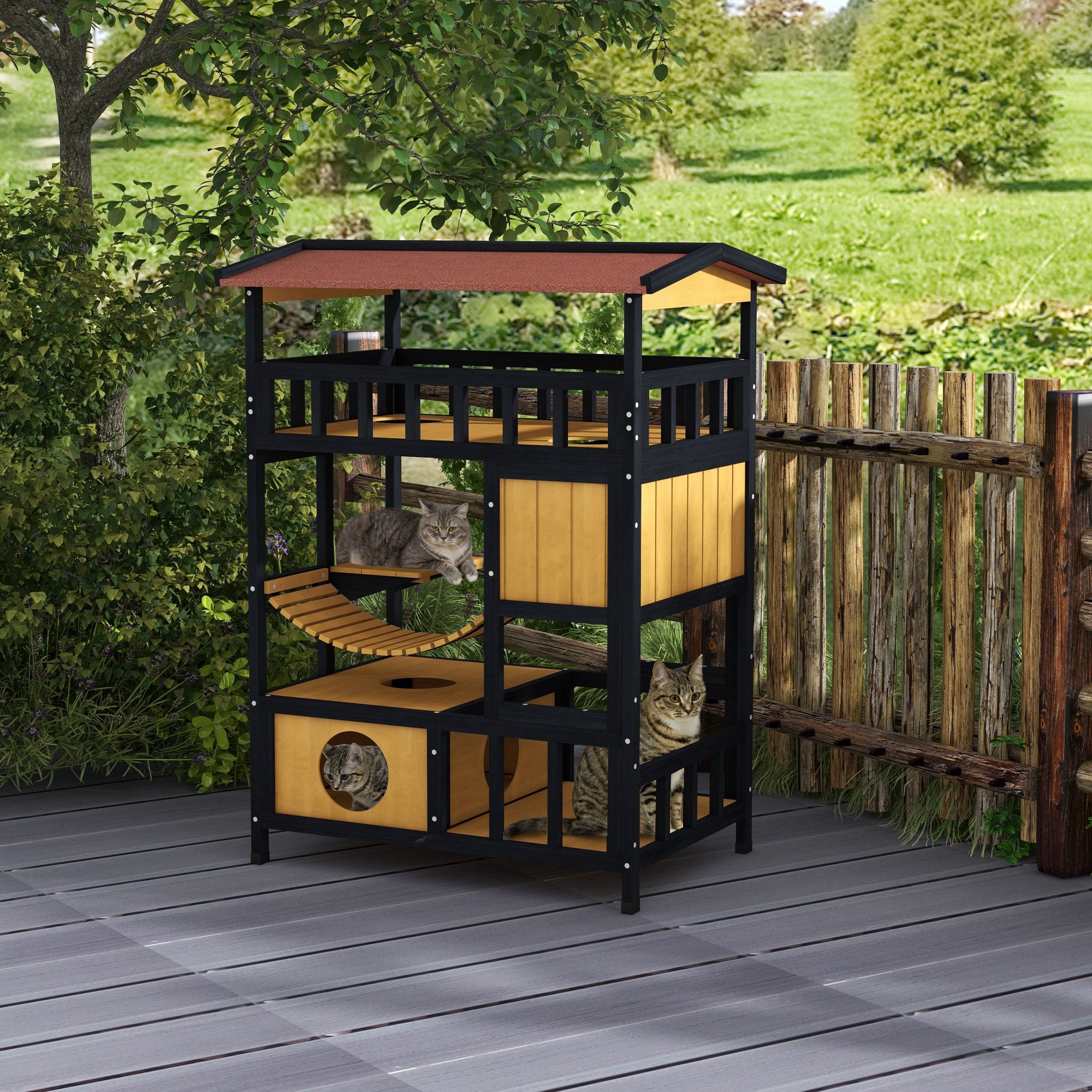 PawHut Outdoor Cat House Wooden Cat Shelter, 4 Tier with Suspension Bridge, Balcony, Escape Doors Water-Resistant Roof, for 1-2 Cats