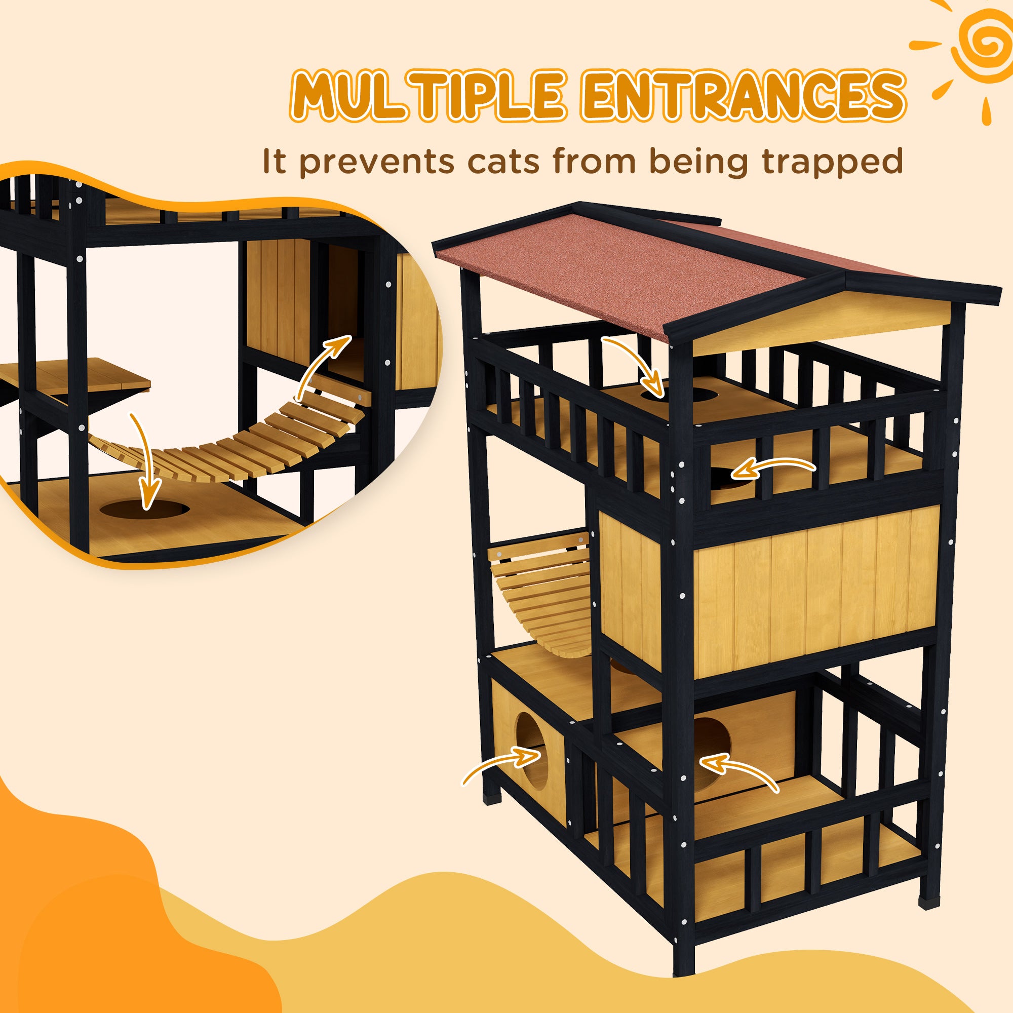 PawHut Outdoor Cat House Wooden Cat Shelter, 4 Tier with Suspension Bridge, Balcony, Escape Doors Water-Resistant Roof, for 1-2 Cats