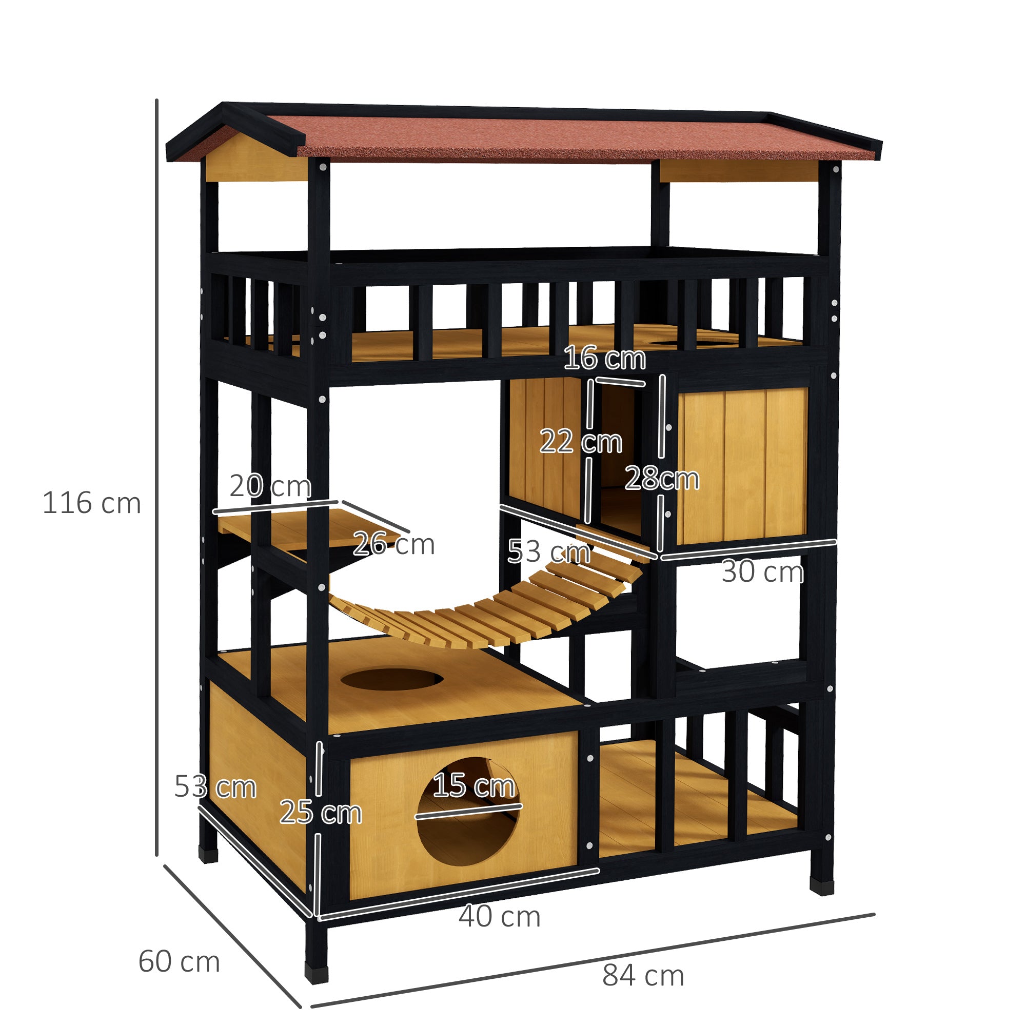 PawHut Outdoor Cat House Wooden Cat Shelter, 4 Tier with Suspension Bridge, Balcony, Escape Doors Water-Resistant Roof, for 1-2 Cats
