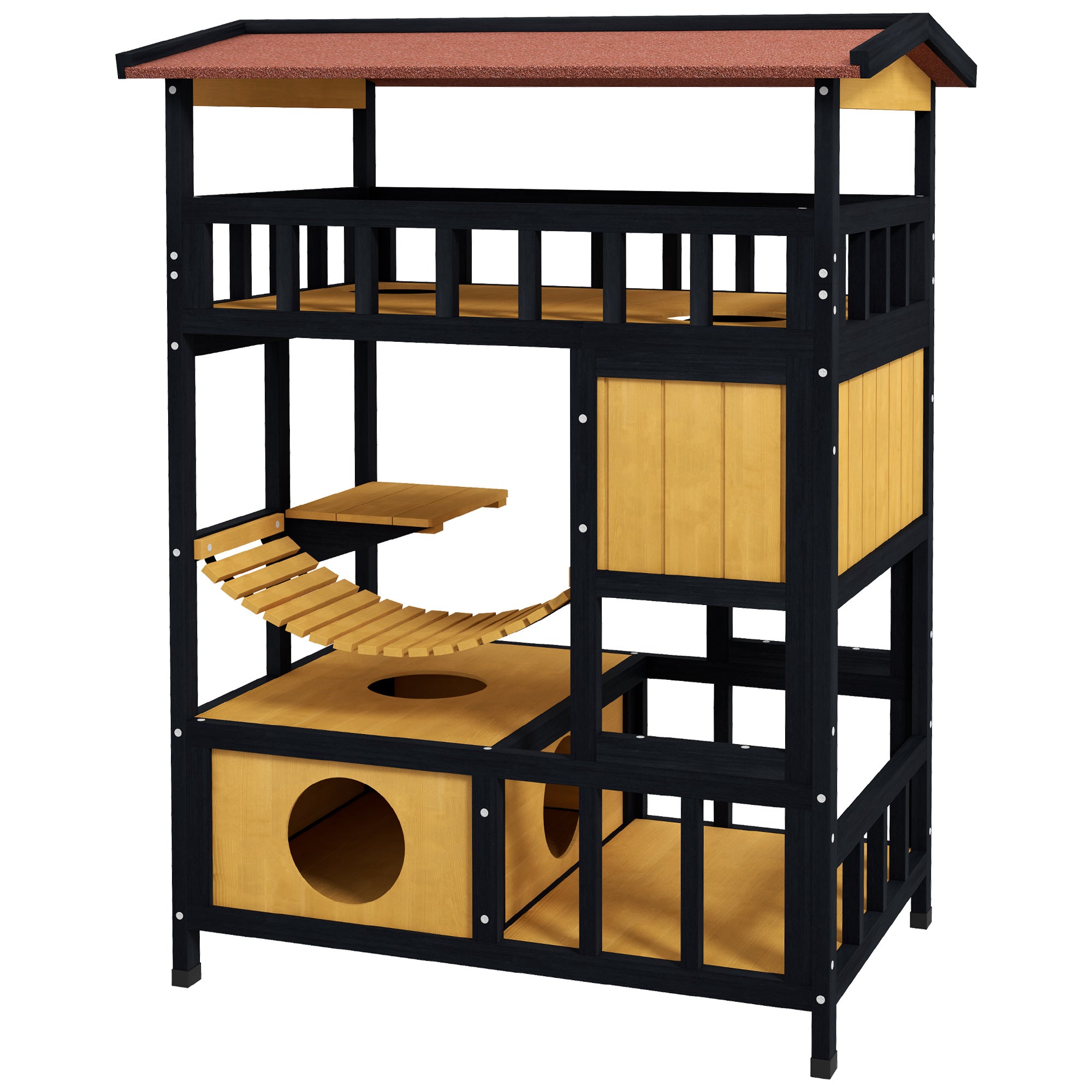 PawHut Outdoor Cat House Wooden Cat Shelter, 4 Tier with Suspension Bridge, Balcony, Escape Doors Water-Resistant Roof, for 1-2 Cats