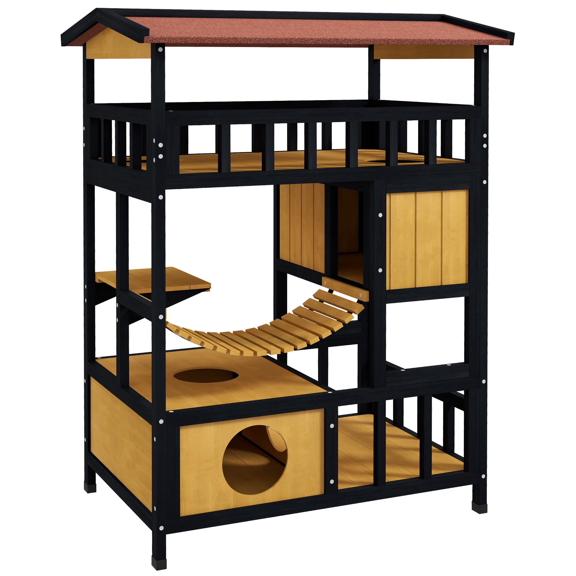 PawHut Outdoor Cat House Wooden Cat Shelter, 4 Tier with Suspension Bridge, Balcony, Escape Doors Water-Resistant Roof, for 1-2 Cats