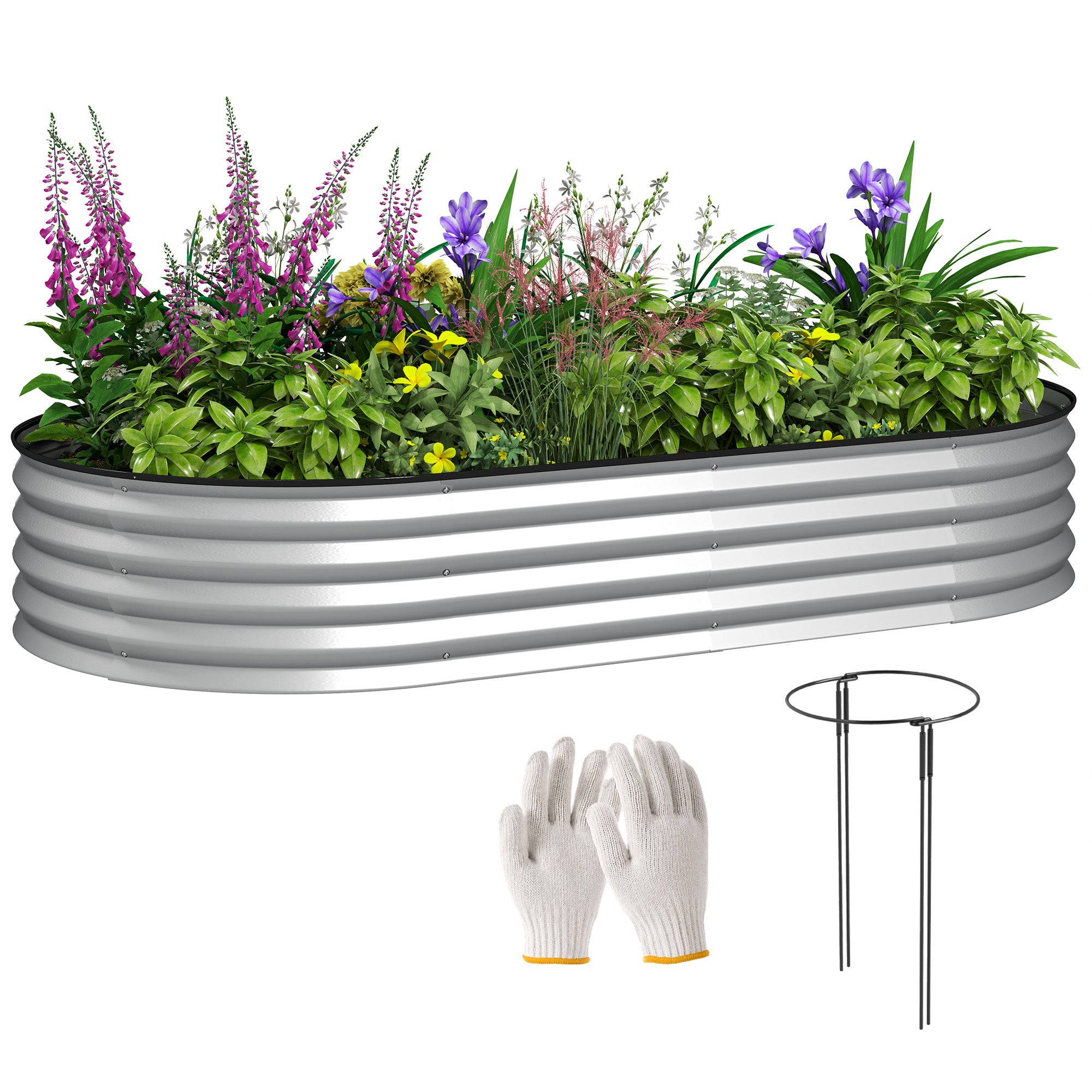 Outsunny Raised Garden Bed, 6' x 3' x 1' Large Outdoor Galvanized Planter Box with Plant Support Stake, Rubber Strap Edging and Open Bottom for Backyard, Garden, Patio, Silver