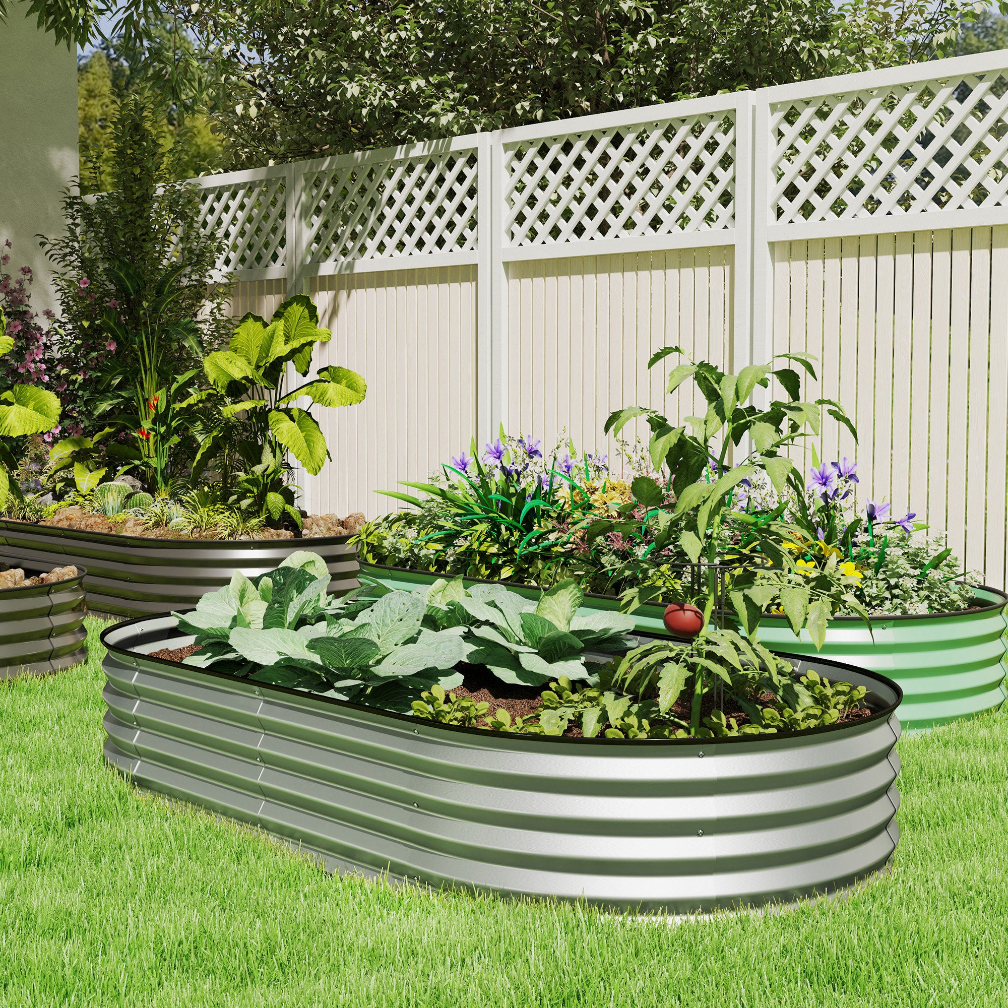 Outsunny Raised Garden Bed, 6' x 3' x 1' Large Outdoor Galvanized Planter Box with Plant Support Stake, Rubber Strap Edging and Open Bottom for Backyard, Garden, Patio, Silver
