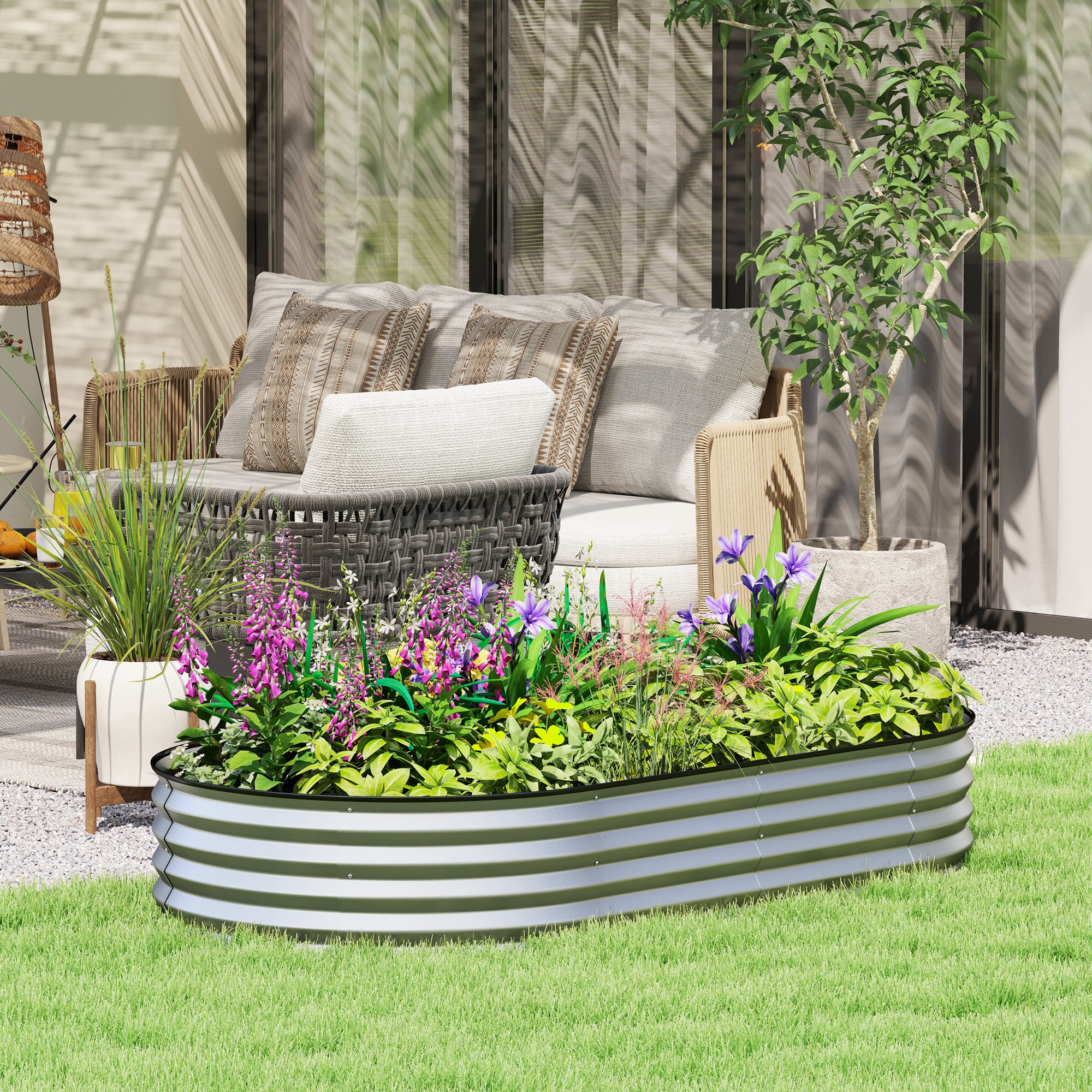 Outsunny Raised Garden Bed, 6' x 3' x 1' Large Outdoor Galvanized Planter Box with Plant Support Stake, Rubber Strap Edging and Open Bottom for Backyard, Garden, Patio, Silver