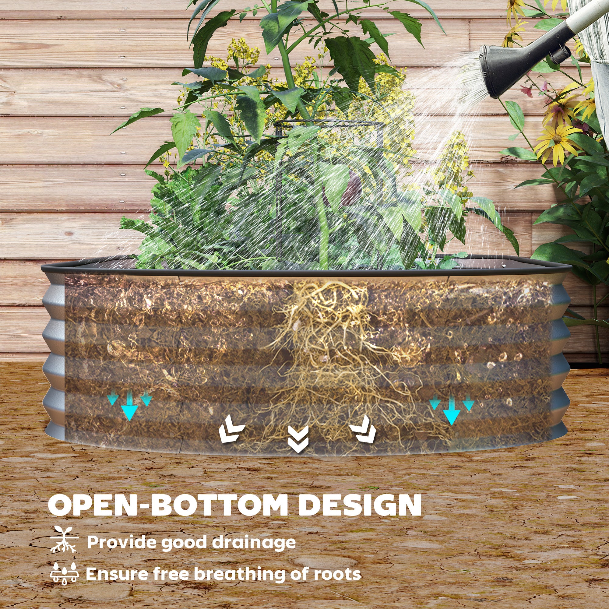 Outsunny Raised Garden Bed, 6' x 3' x 1' Large Outdoor Galvanized Planter Box with Plant Support Stake, Rubber Strap Edging and Open Bottom for Backyard, Garden, Patio, Silver