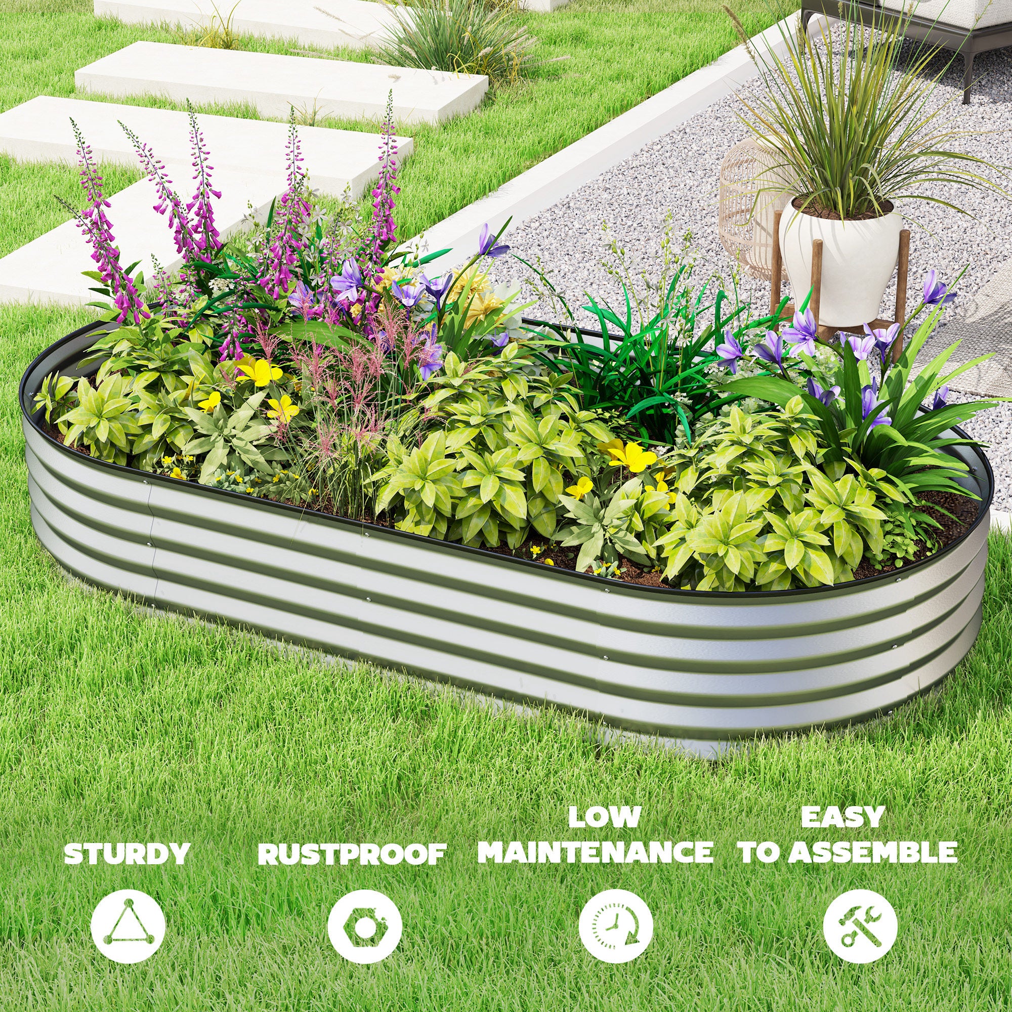 Outsunny Raised Garden Bed, 6' x 3' x 1' Large Outdoor Galvanized Planter Box with Plant Support Stake, Rubber Strap Edging and Open Bottom for Backyard, Garden, Patio, Silver