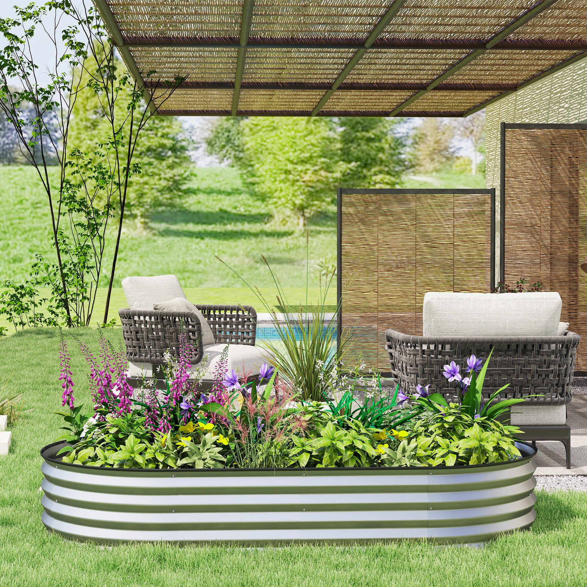 Outsunny Raised Garden Bed, 6' x 3' x 1' Large Outdoor Galvanized Planter Box with Plant Support Stake, Rubber Strap Edging and Open Bottom for Backyard, Garden, Patio, Silver