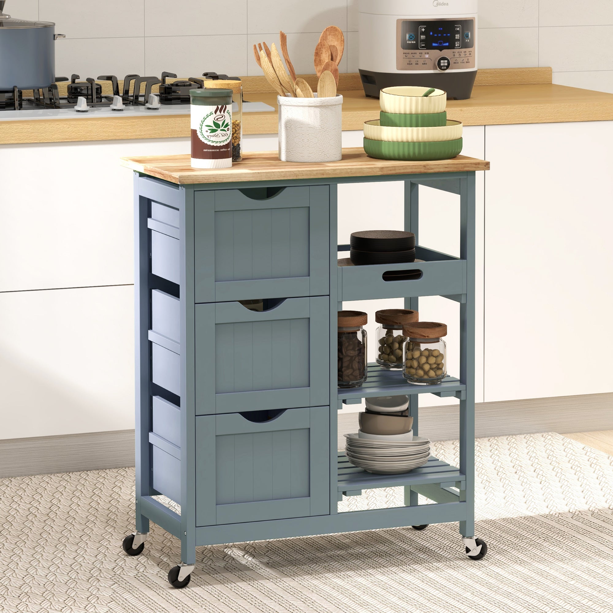 HOMCOM Rolling Kitchen Island Cart, Bar Serving Cart, Compact Trolley on Wheels with Wood Top, Shelves and Drawers, Grey