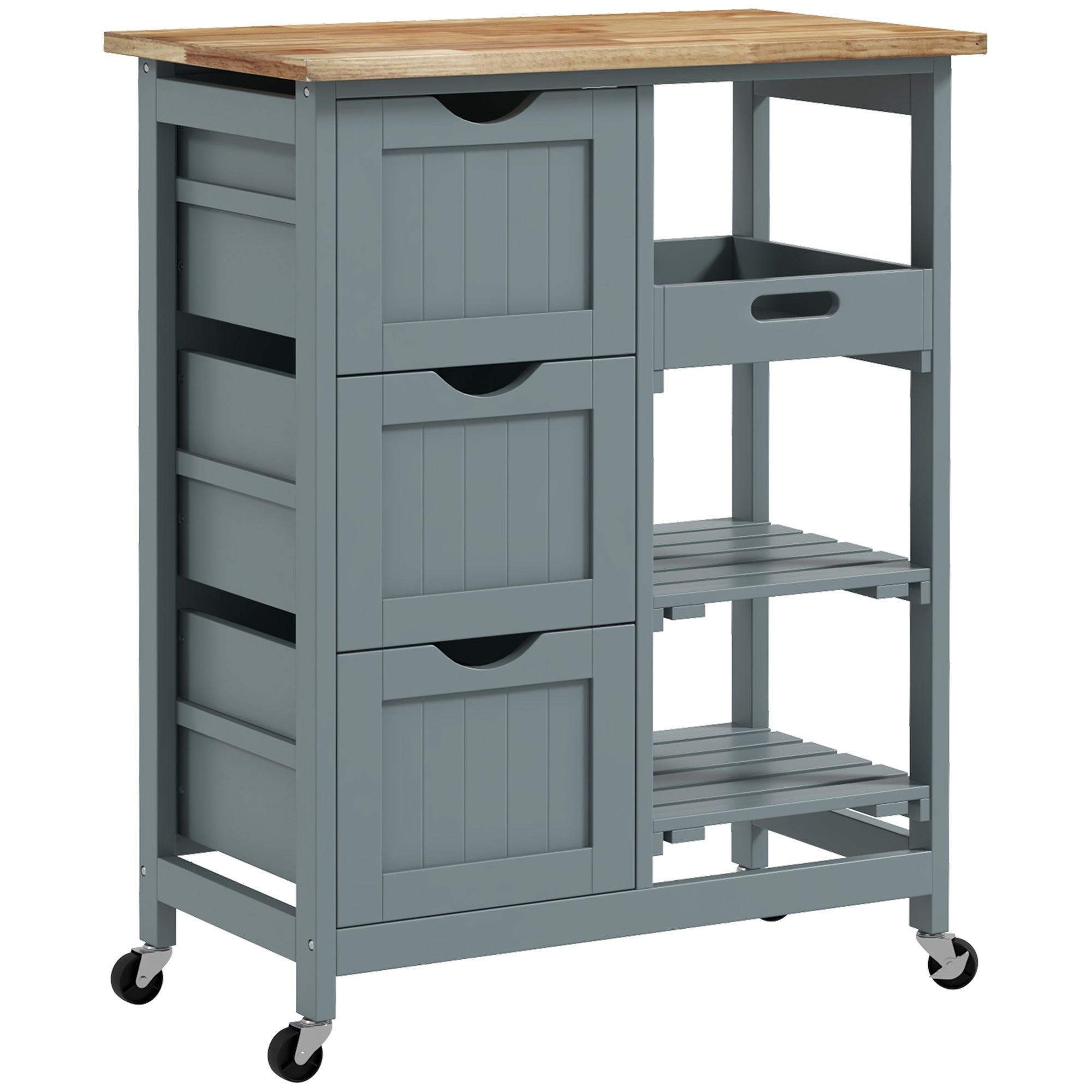 HOMCOM Rolling Kitchen Island Cart, Bar Serving Cart, Compact Trolley on Wheels with Wood Top, Shelves and Drawers, Grey