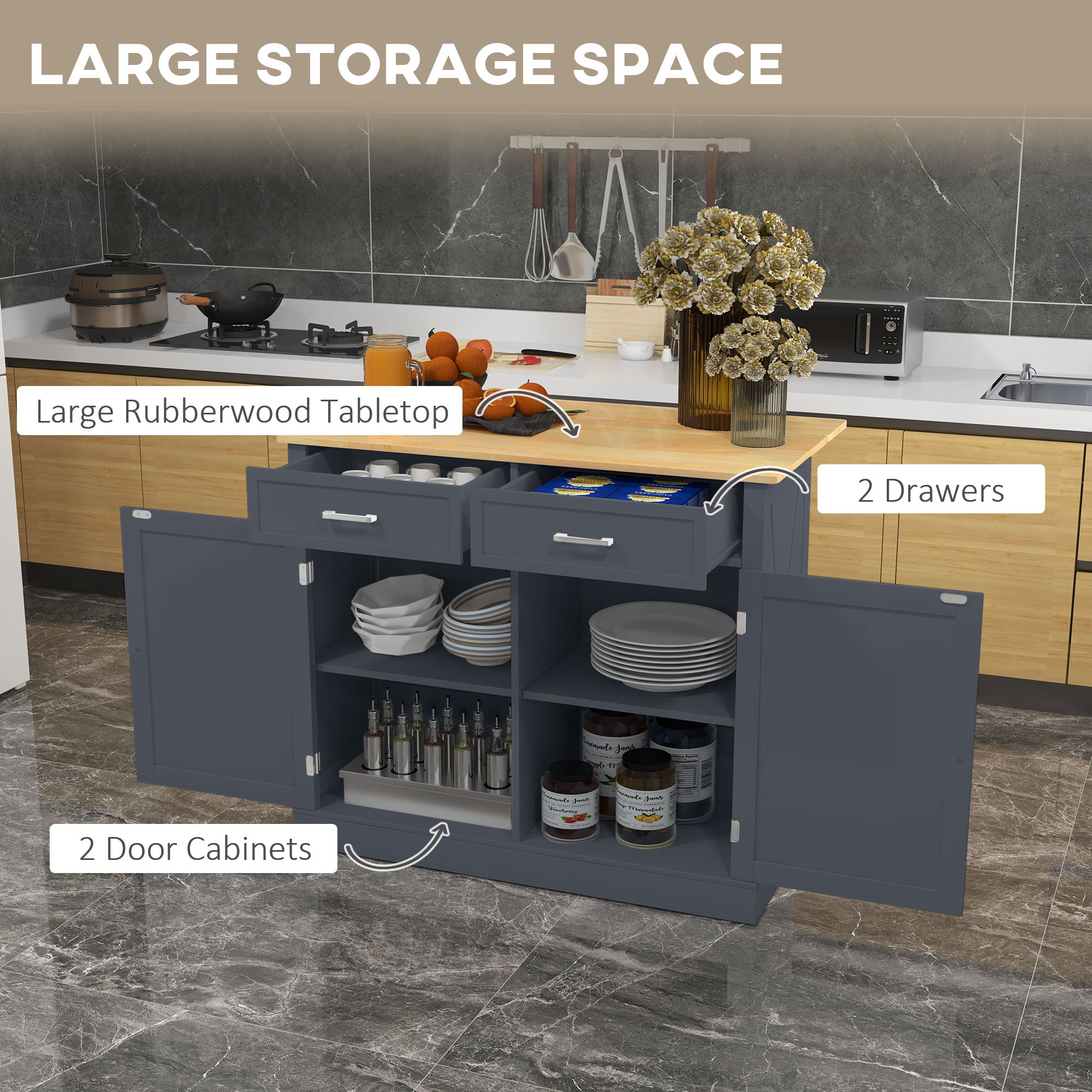 HOMCOM Rolling Kitchen Island with Drop Leaf Wood Breakfast Bar, Farmhouse Kitchen Cart with 2 Drawers, Adjustable Shelves for Dining Room (Dark Grey)