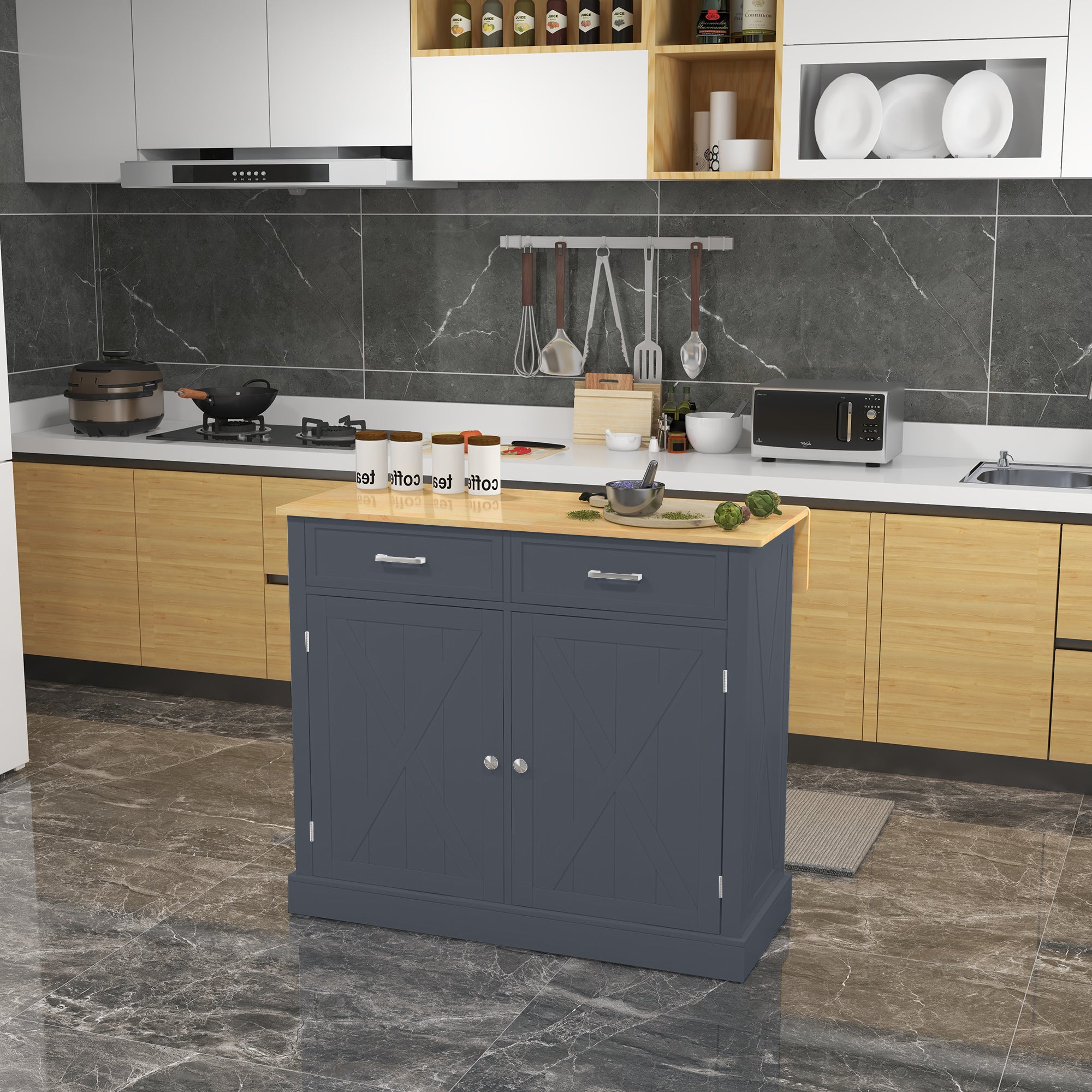 HOMCOM Rolling Kitchen Island with Drop Leaf Wood Breakfast Bar, Farmhouse Kitchen Cart with 2 Drawers, Adjustable Shelves for Dining Room (Dark Grey)