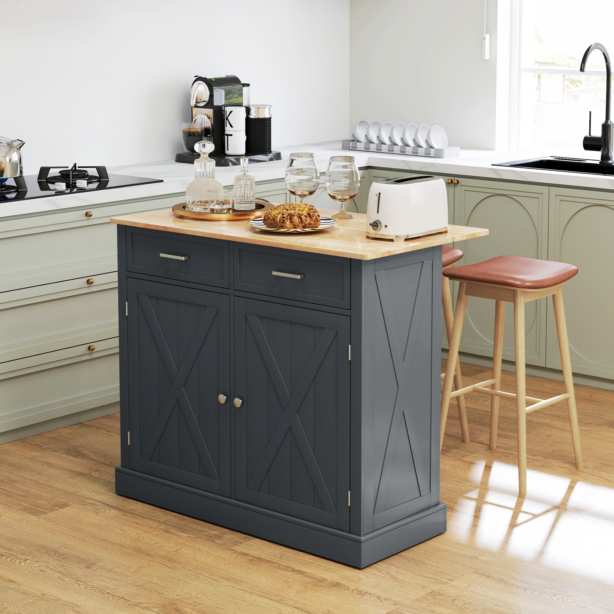 HOMCOM Rolling Kitchen Island with Drop Leaf Wood Breakfast Bar, Farmhouse Kitchen Cart with 2 Drawers, Adjustable Shelves for Dining Room (Dark Grey)