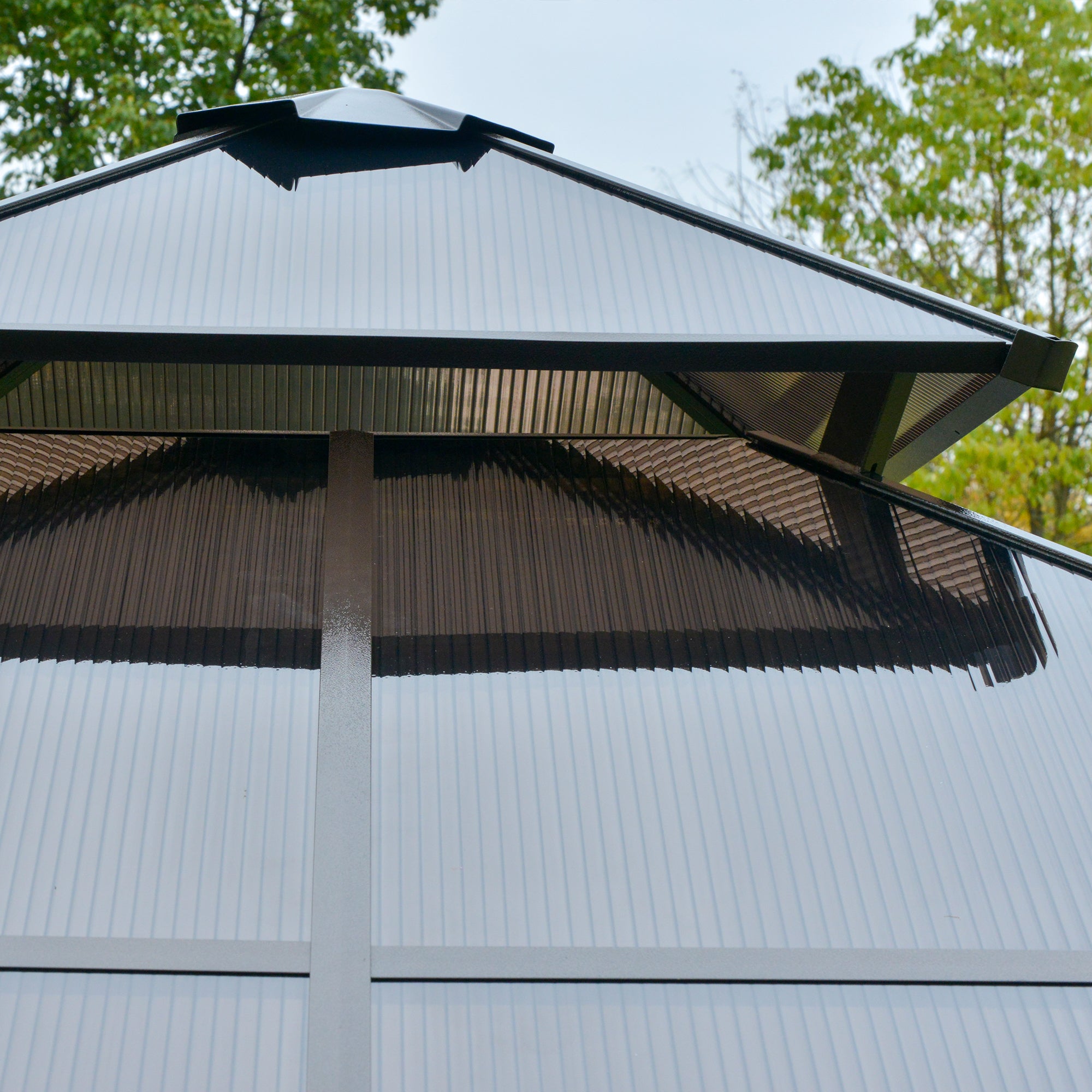 Outsunny 10' x 10' 2-Tier Outdoor Gazebo Canopy Tent with Polycarbonate Roof, Hardtop Gazebo with Curtains and Netting, for Garden, Lawn, Backyard, Deck, Beige