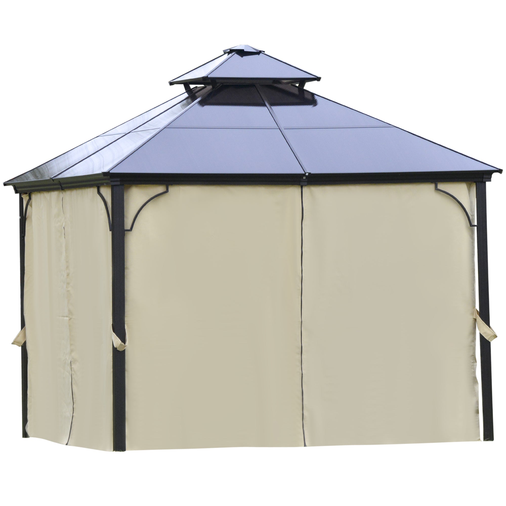 Outsunny 10' x 10' 2-Tier Outdoor Gazebo Canopy Tent with Polycarbonate Roof, Hardtop Gazebo with Curtains and Netting, for Garden, Lawn, Backyard, Deck, Beige