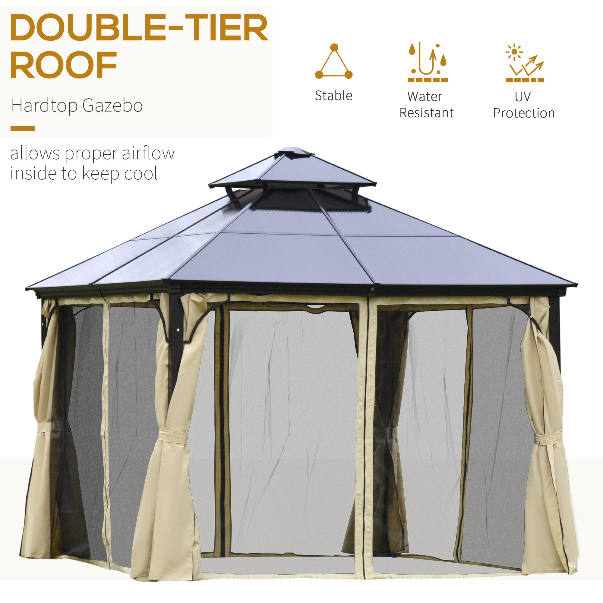 Outsunny 10' x 10' 2-Tier Outdoor Gazebo Canopy Tent with Polycarbonate Roof, Hardtop Gazebo with Curtains and Netting, for Garden, Lawn, Backyard, Deck, Beige