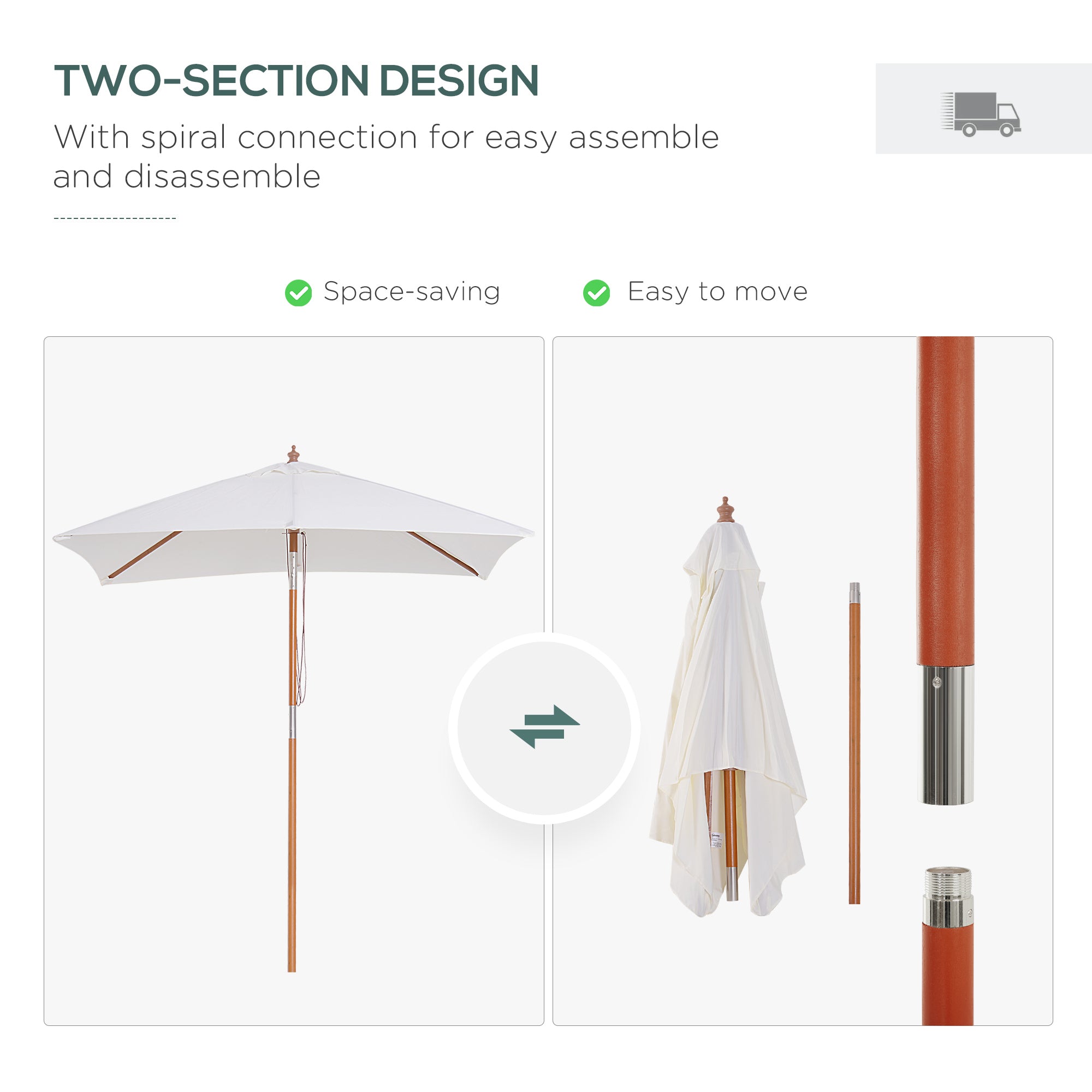 Outsunny 6.6x5ft  Fir Wooden Patio Umbrella Square Market Parasol Tilt Mechanism 6 Ribs Garden Sunshade, Cream White