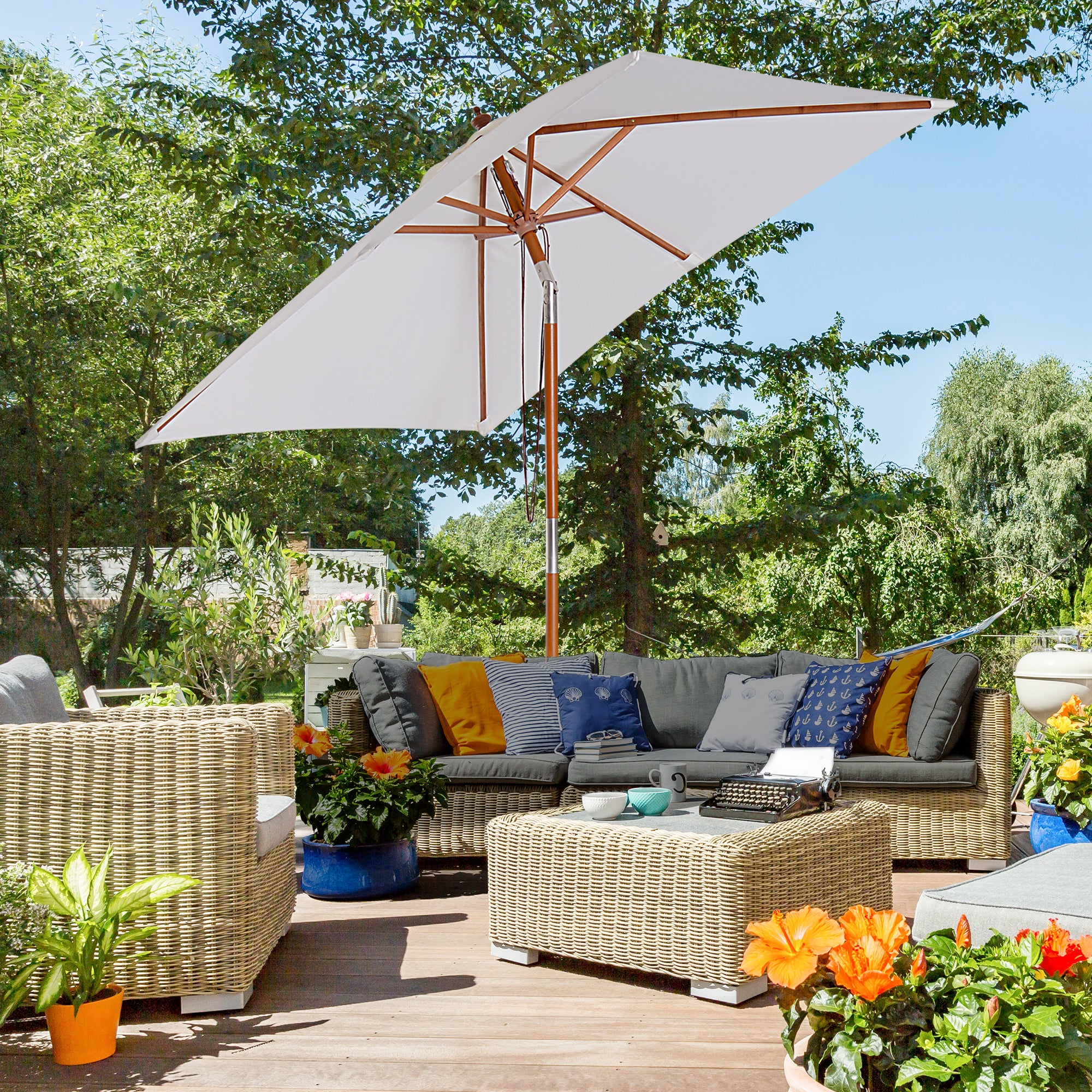 Outsunny 6.6x5ft  Fir Wooden Patio Umbrella Square Market Parasol Tilt Mechanism 6 Ribs Garden Sunshade, Cream White